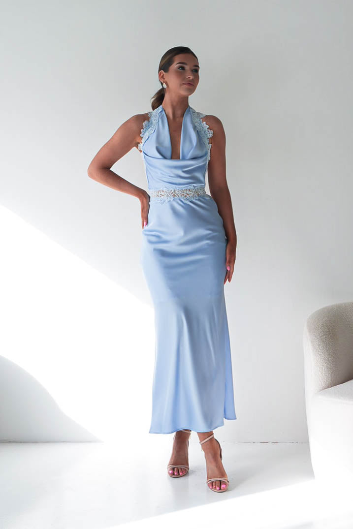 Tonya Halterneck Lace Detail Satin Maxi Dress | Blue-Oh Hello Clothing