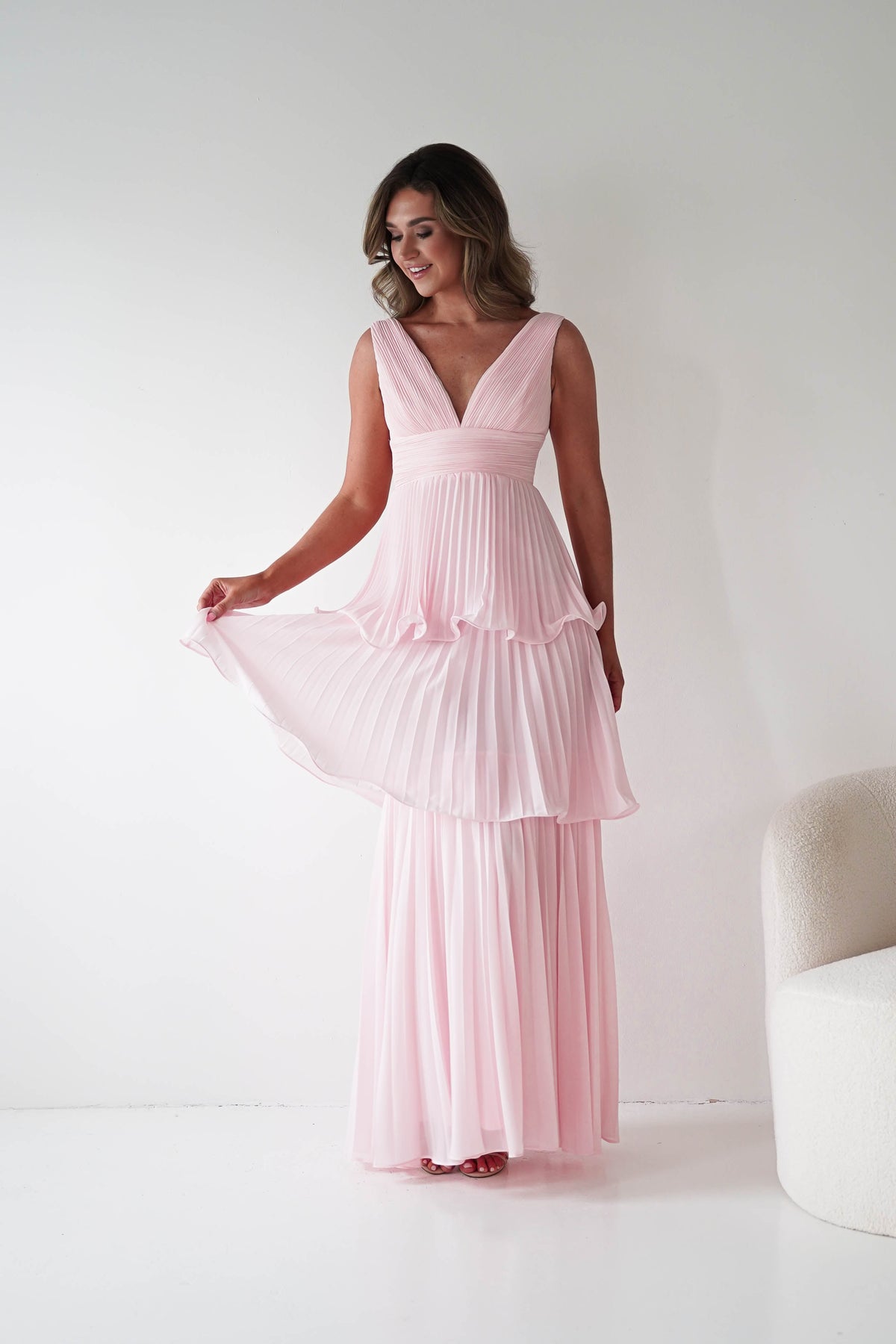 Vina Tiered Pleated Layered Maxi Dress | Blush Pink-Oh Hello Clothing