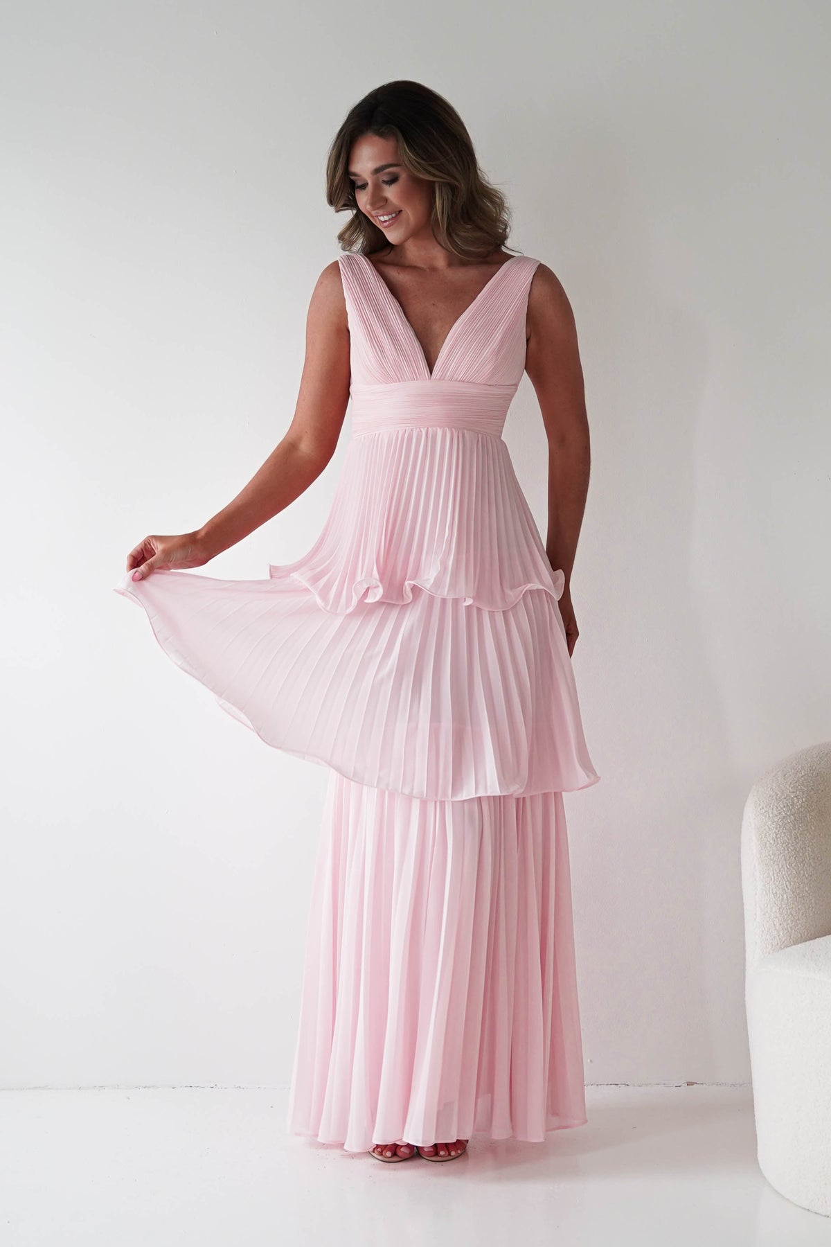 Vina Tiered Pleated Layered Maxi Dress | Blush Pink-Oh Hello Clothing