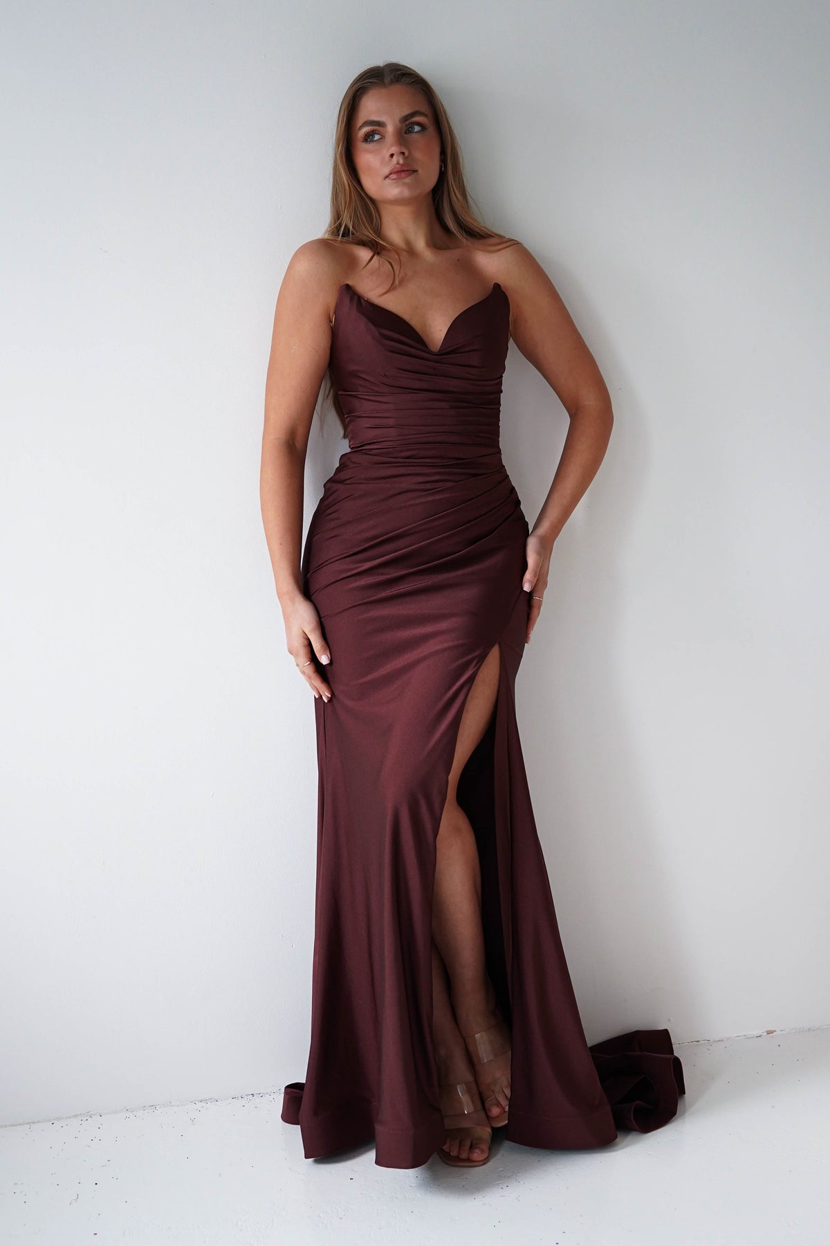 Visenta Ruched Bodice Strapless Gown | Espresso-Oh Hello Clothing