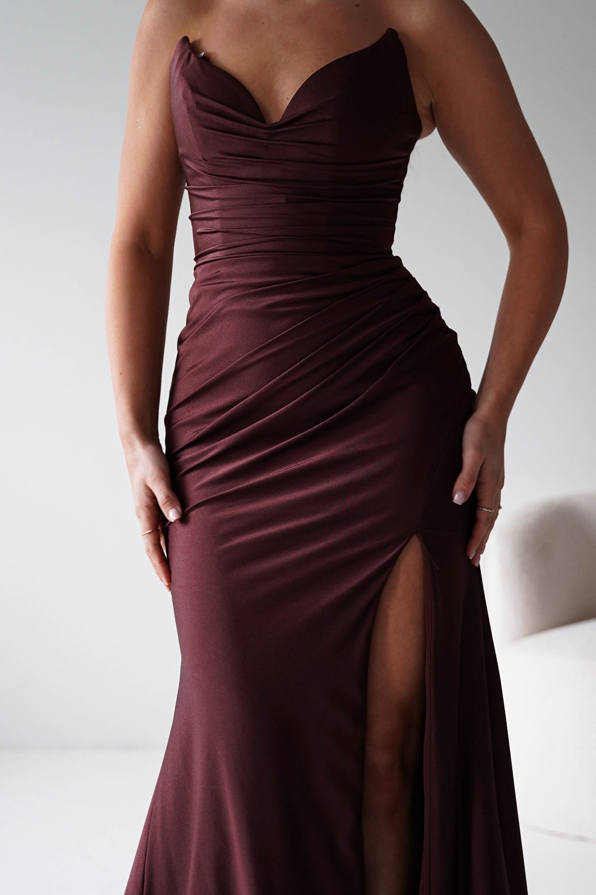 Visenta Ruched Bodice Strapless Gown | Espresso-Oh Hello Clothing
