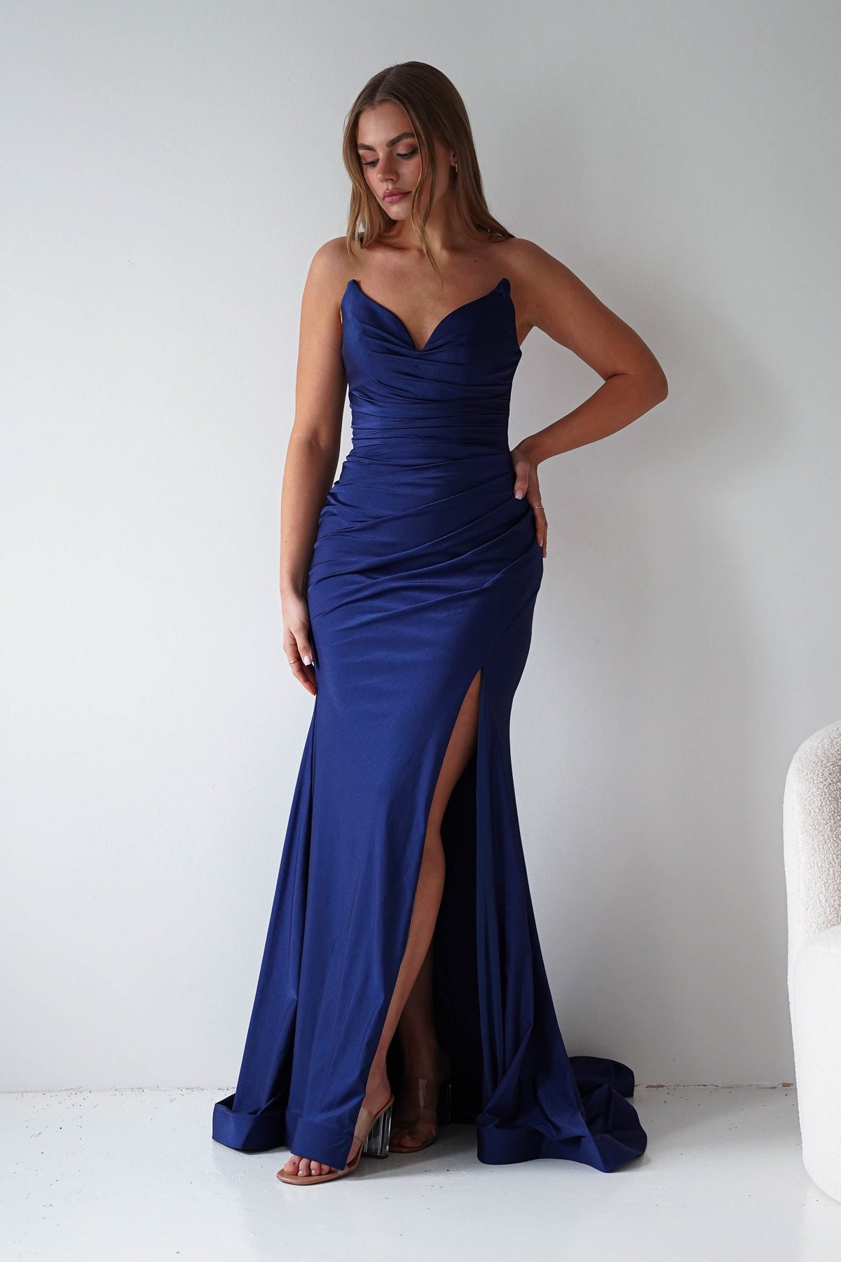 Visenta Ruched Bodice Strapless Gown | Navy-Oh Hello Clothing