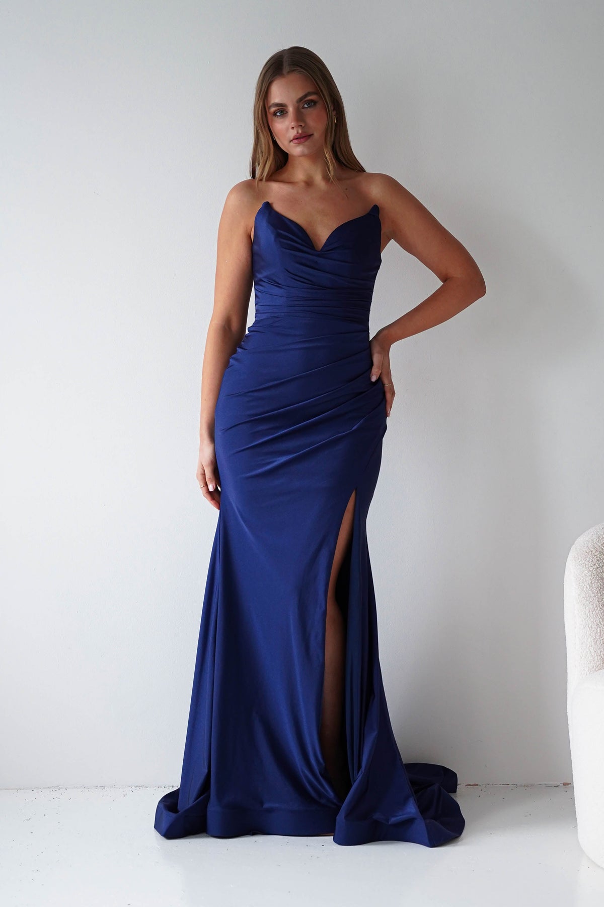 Visenta Ruched Bodice Strapless Gown | Navy-Oh Hello Clothing
