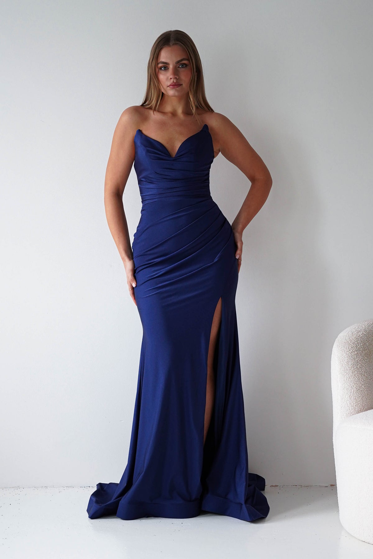 Visenta Ruched Bodice Strapless Gown | Navy-Oh Hello Clothing