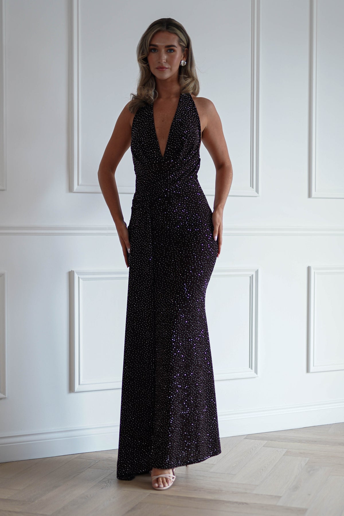 Oh Hello Clothing Women > Clothing > Dresses Vivienne Shimmer Halterneck Maxi Dress | Brown