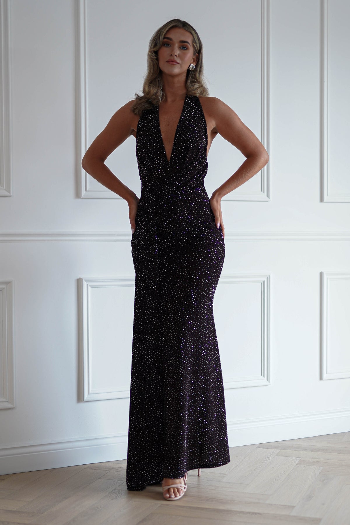 Oh Hello Clothing Women > Clothing > Dresses Vivienne Shimmer Halterneck Maxi Dress | Brown