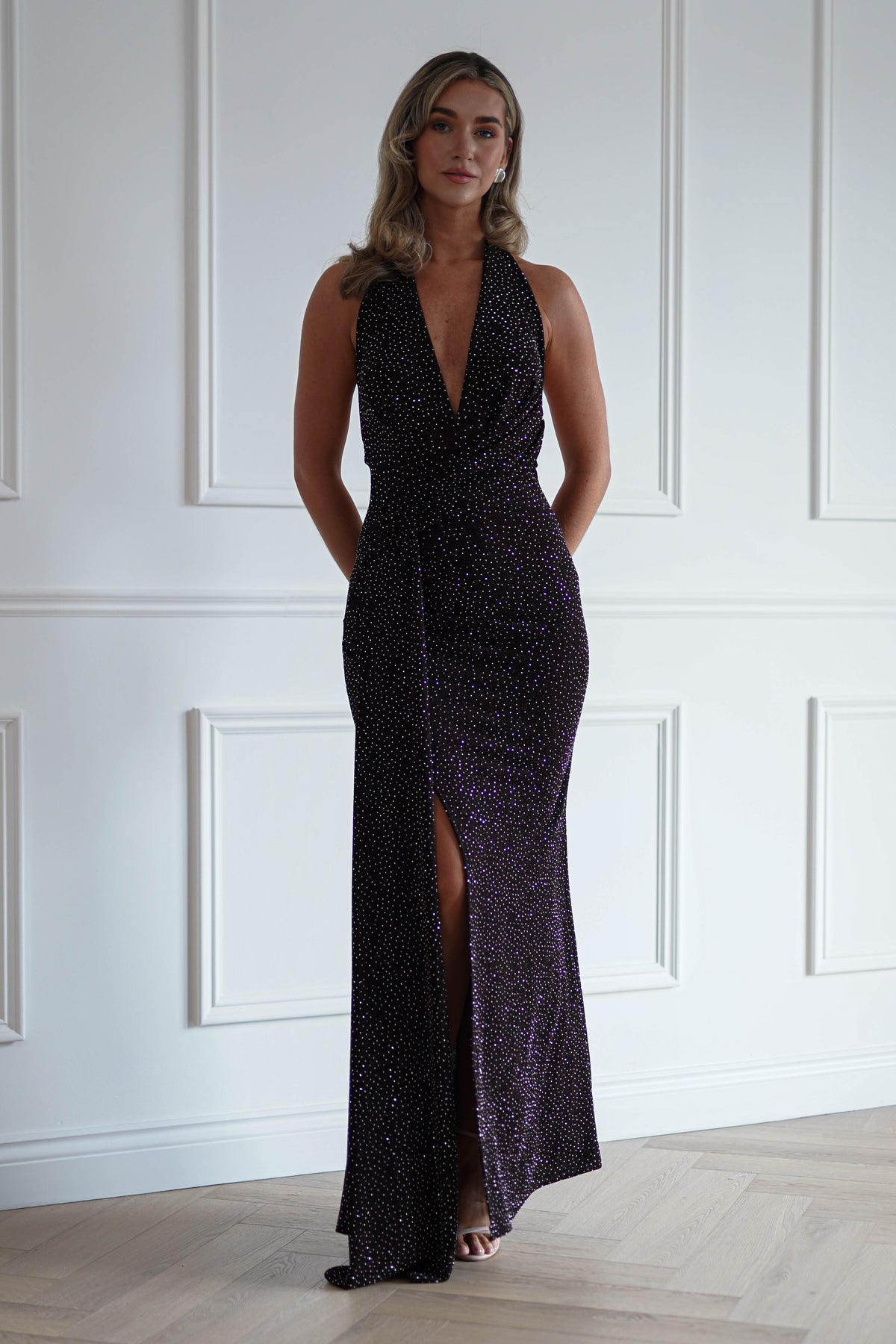 Oh Hello Clothing Women > Clothing > Dresses Vivienne Shimmer Halterneck Maxi Dress | Brown