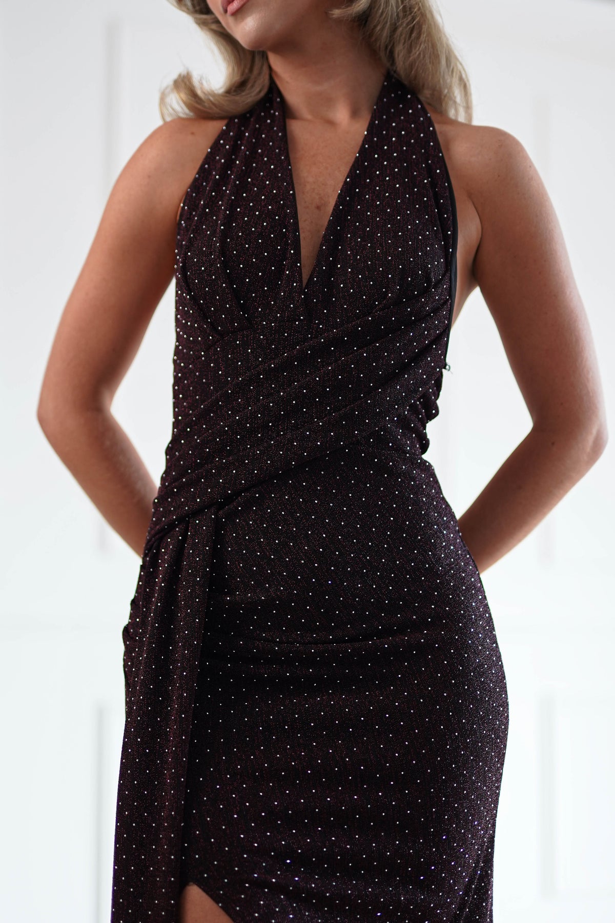 Oh Hello Clothing Women > Clothing > Dresses Vivienne Shimmer Halterneck Maxi Dress | Burgundy