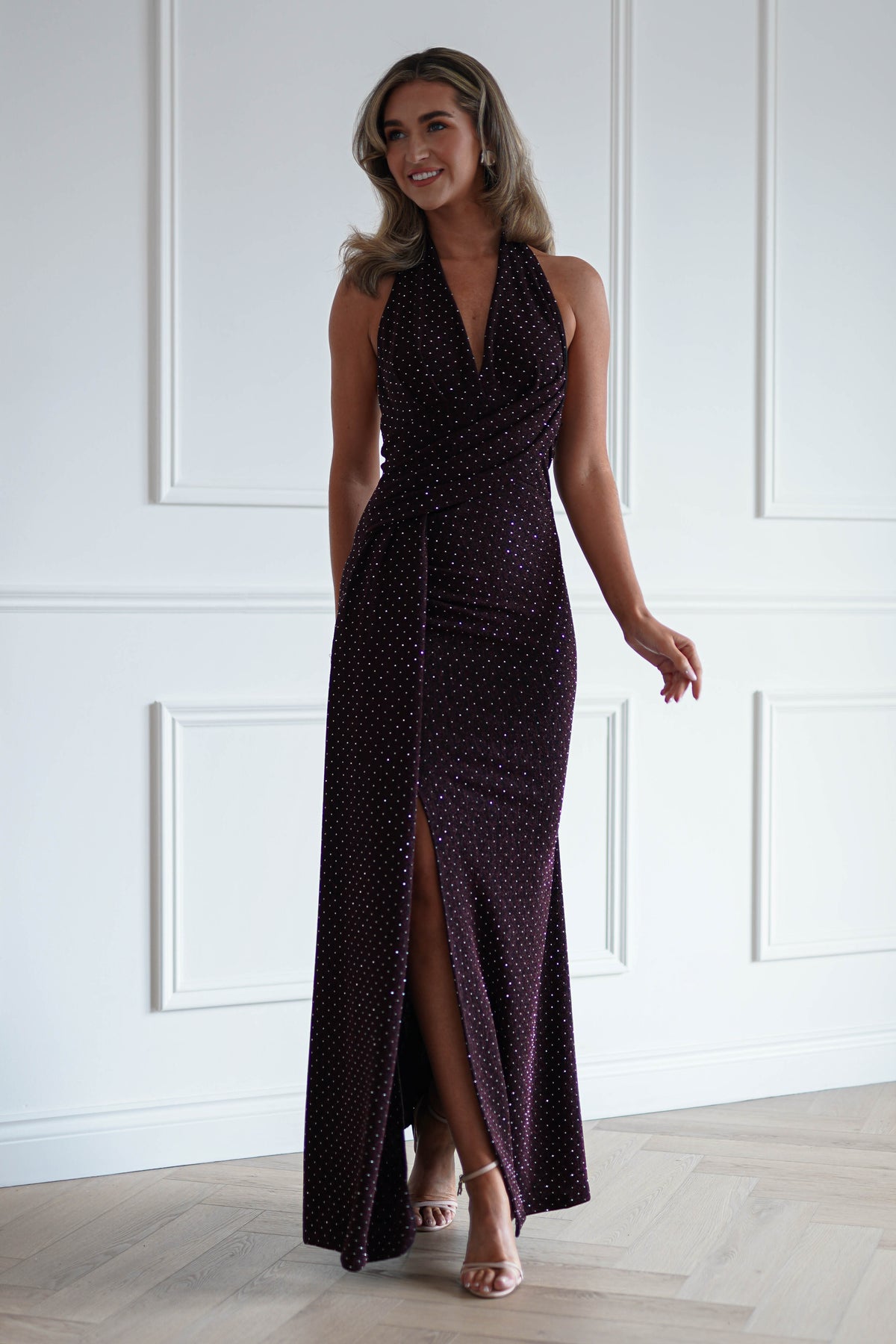 Oh Hello Clothing Women > Clothing > Dresses Vivienne Shimmer Halterneck Maxi Dress | Burgundy