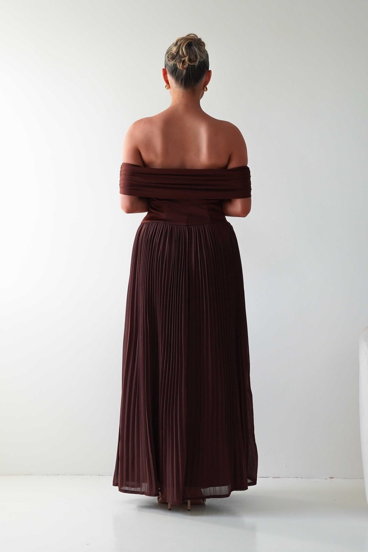 Whitney Pleated Off The Shoulder Maxi Dress | Brown-Oh Hello Clothing