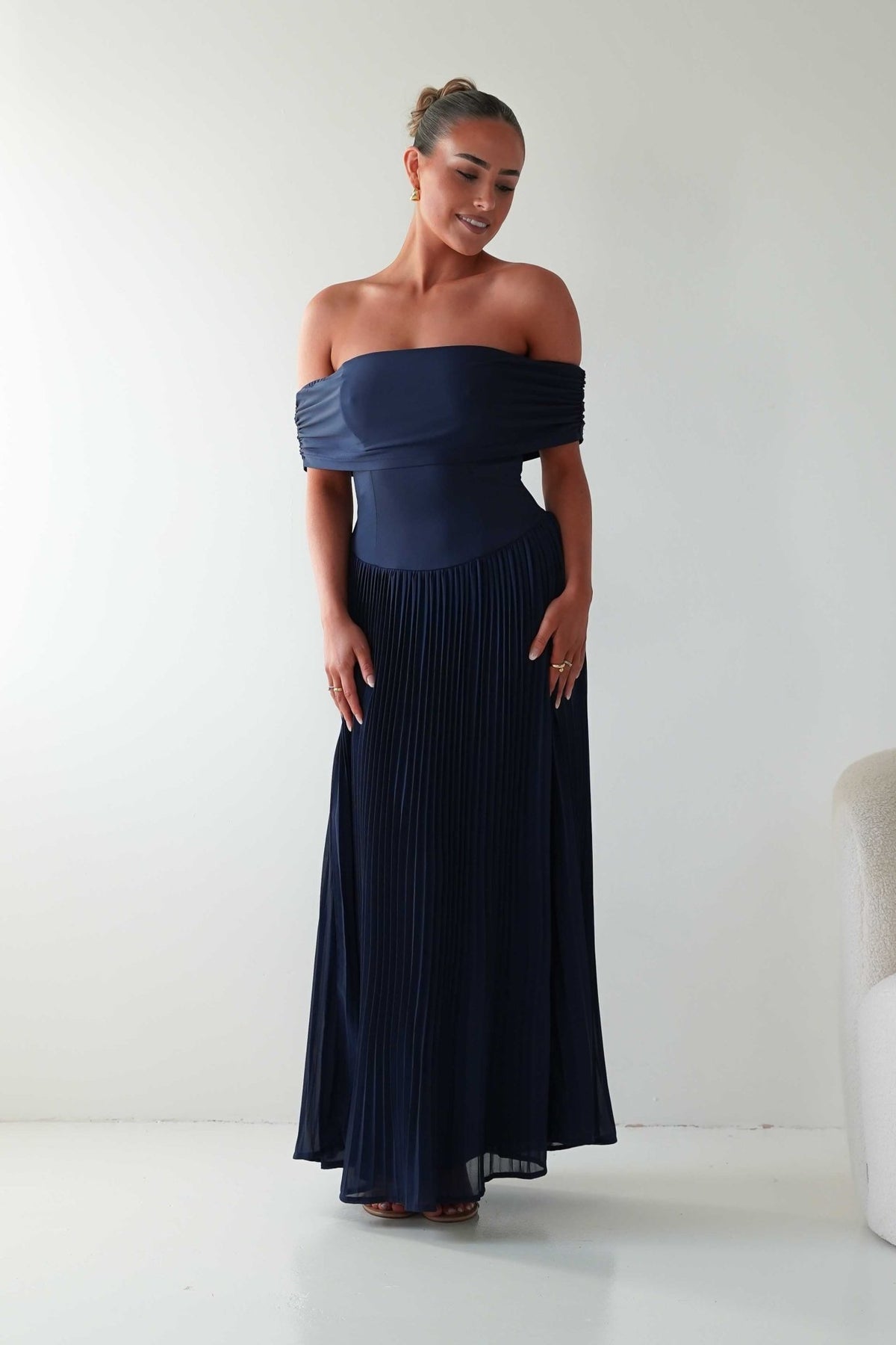 Whitney Pleated Off The Shoulder Maxi Dress | Navy-Oh Hello Clothing