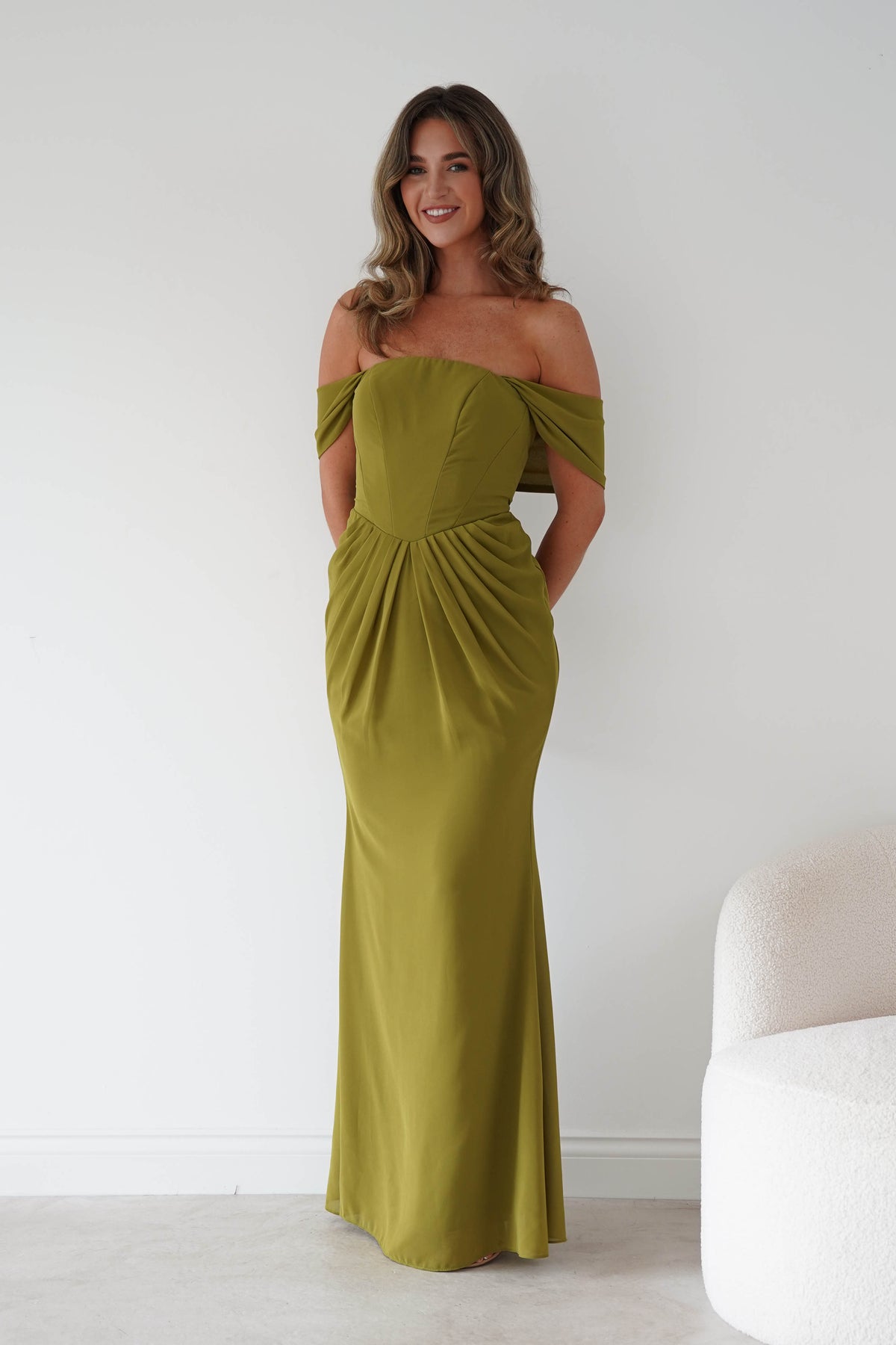 Willow Bardot Draped Maxi Dress | Chartreuse Green-Oh Hello Clothing