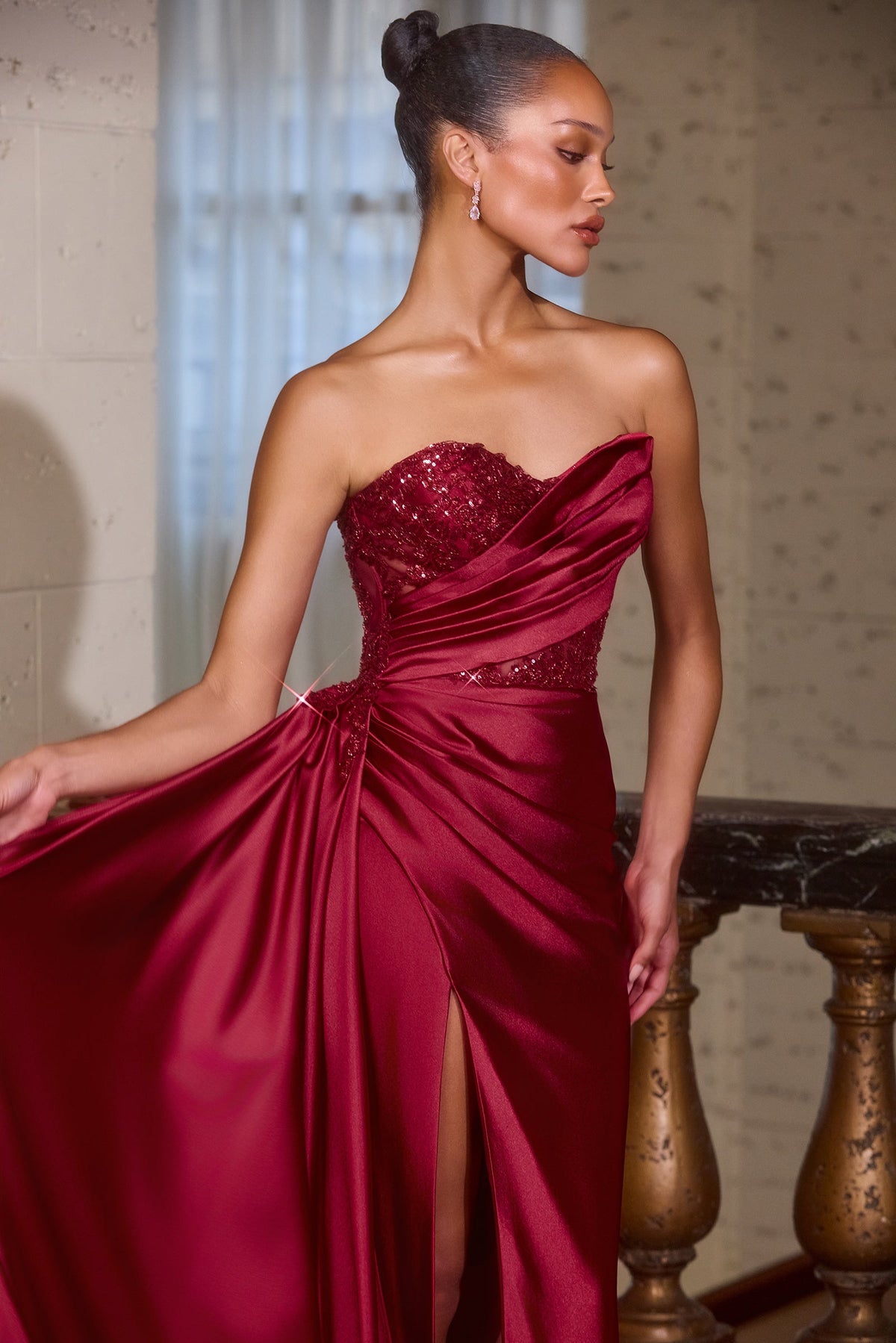 Yasmin Strapless Sequin Bodice Gown | Wine
