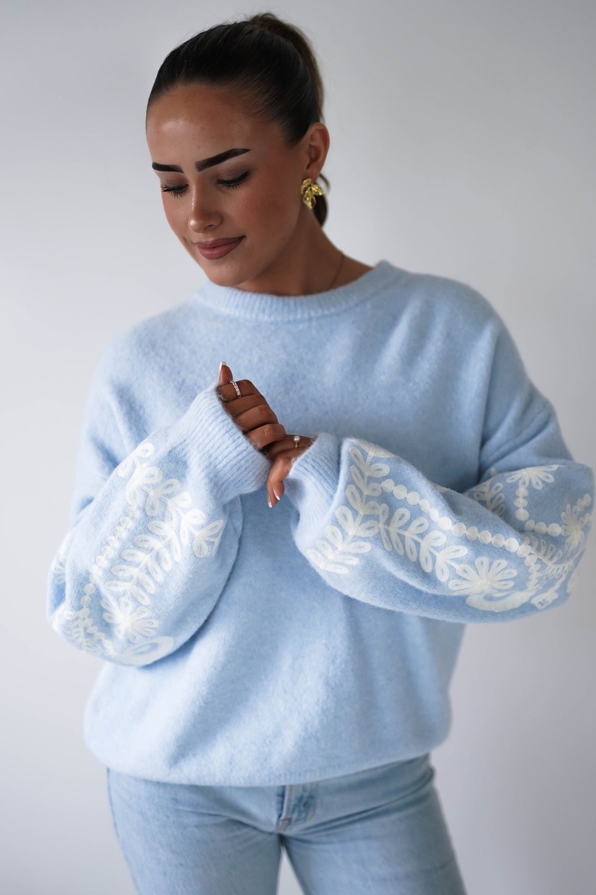 Zaya Embroidered Sleeve Knit Jumper | Blue-Oh Hello Clothing