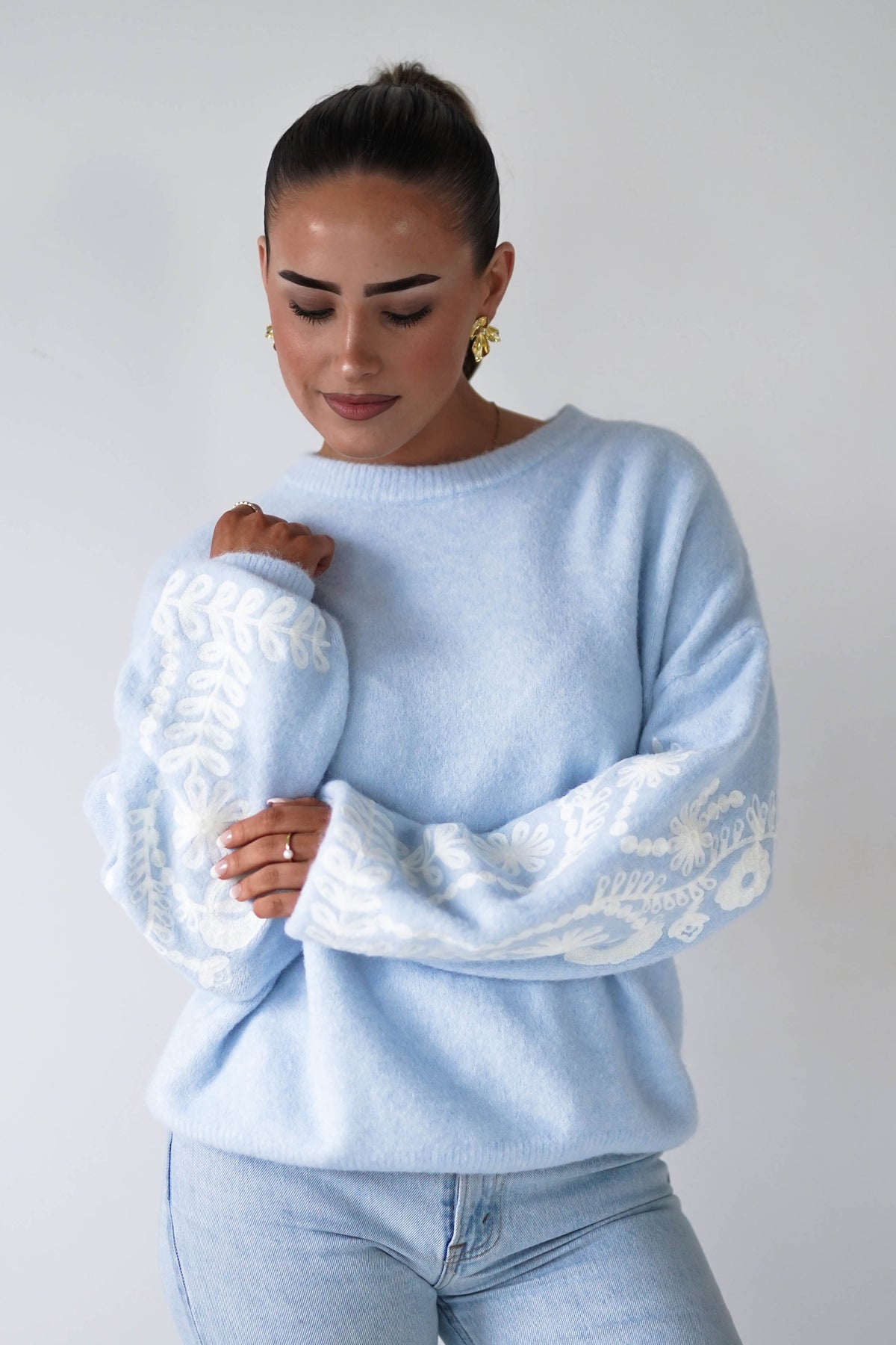 Zaya Embroidered Sleeve Knit Jumper | Blue-Oh Hello Clothing