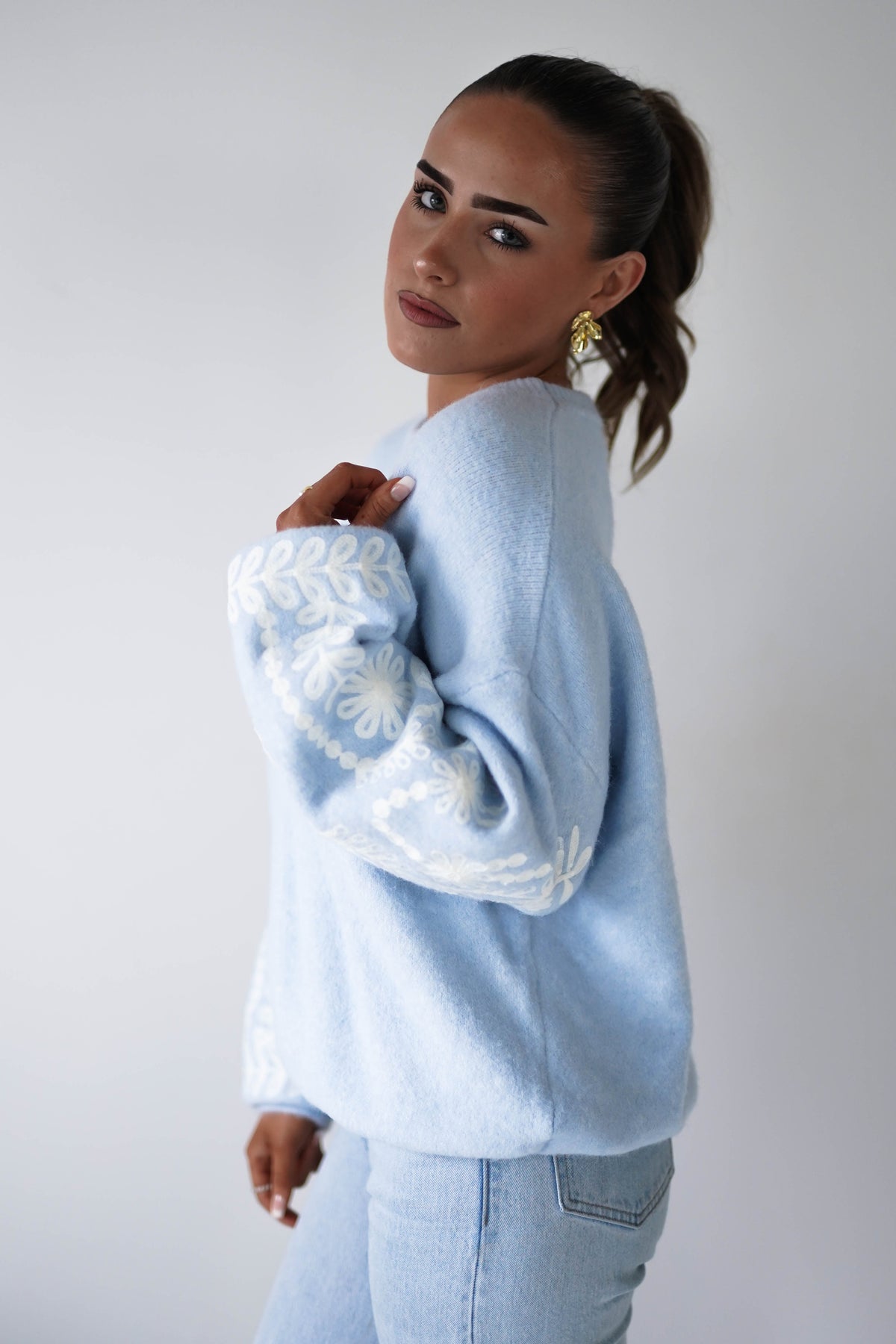Zaya Embroidered Sleeve Knit Jumper | Blue-Oh Hello Clothing
