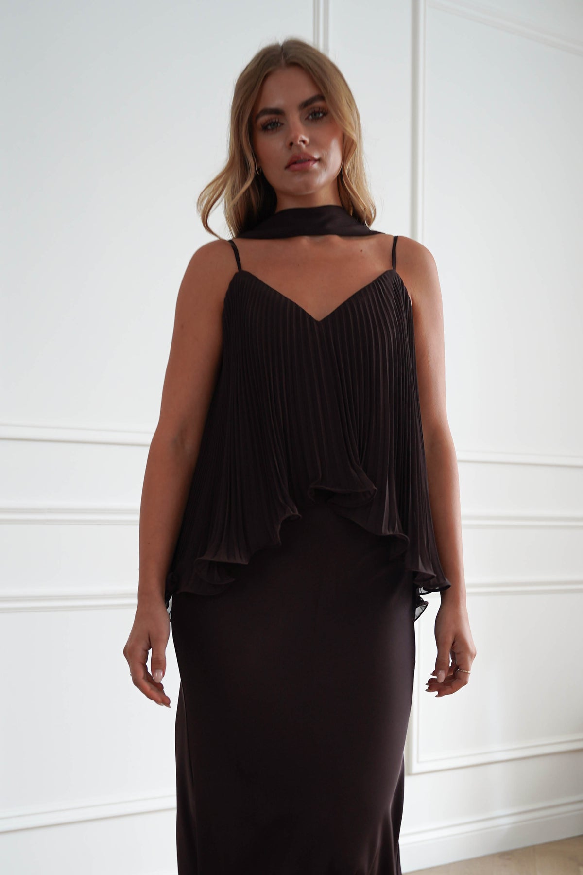 Zendaya Pleated Chiffon Overlay Maxi Dress | Brown-Oh Hello Clothing