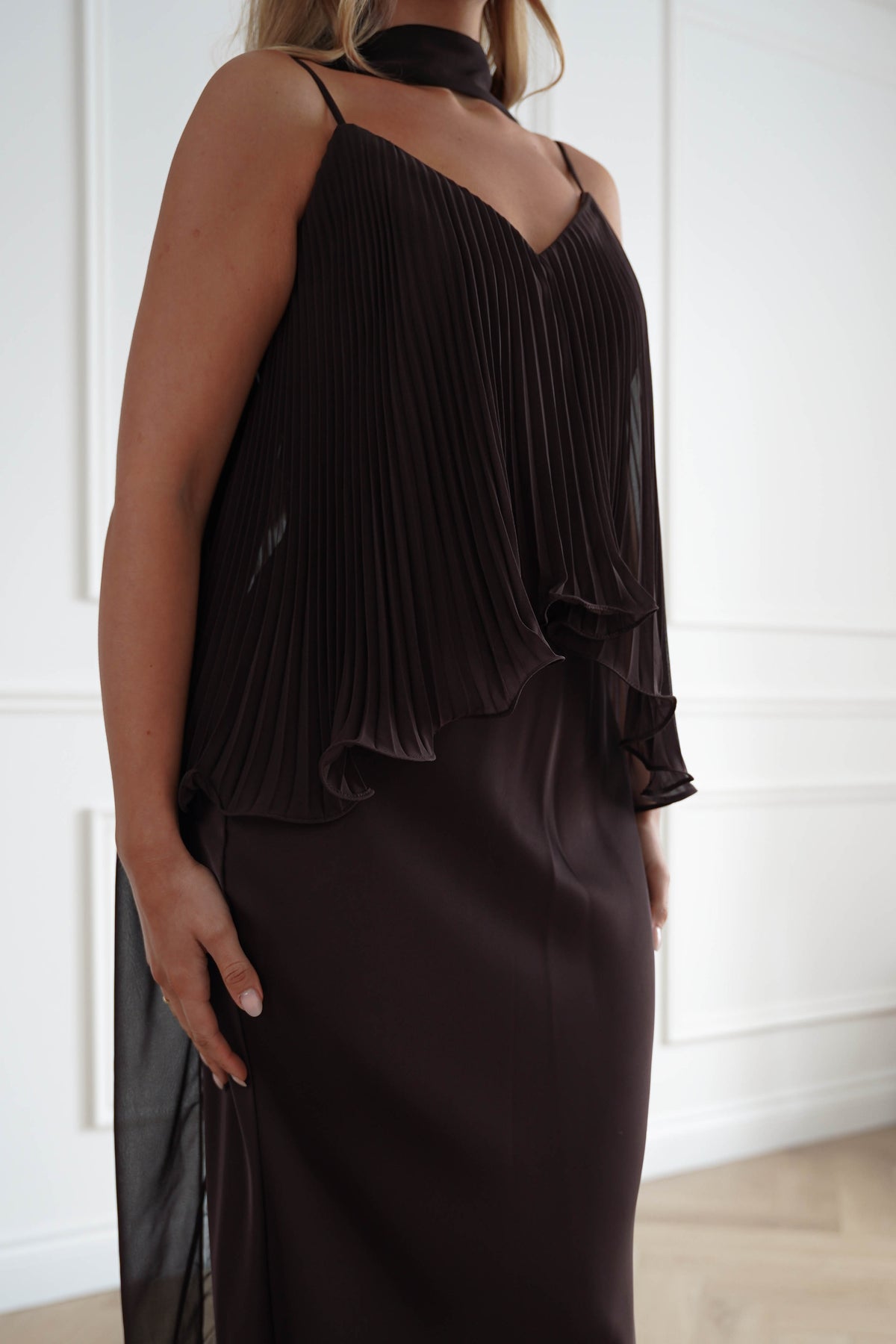 Zendaya Pleated Chiffon Overlay Maxi Dress | Brown-Oh Hello Clothing
