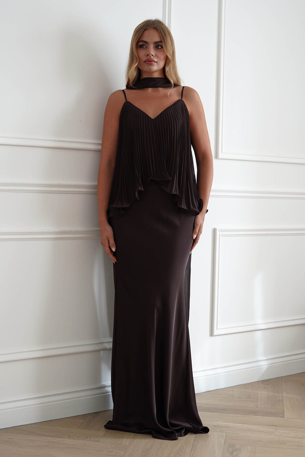 Zendaya Pleated Chiffon Overlay Maxi Dress | Brown-Oh Hello Clothing