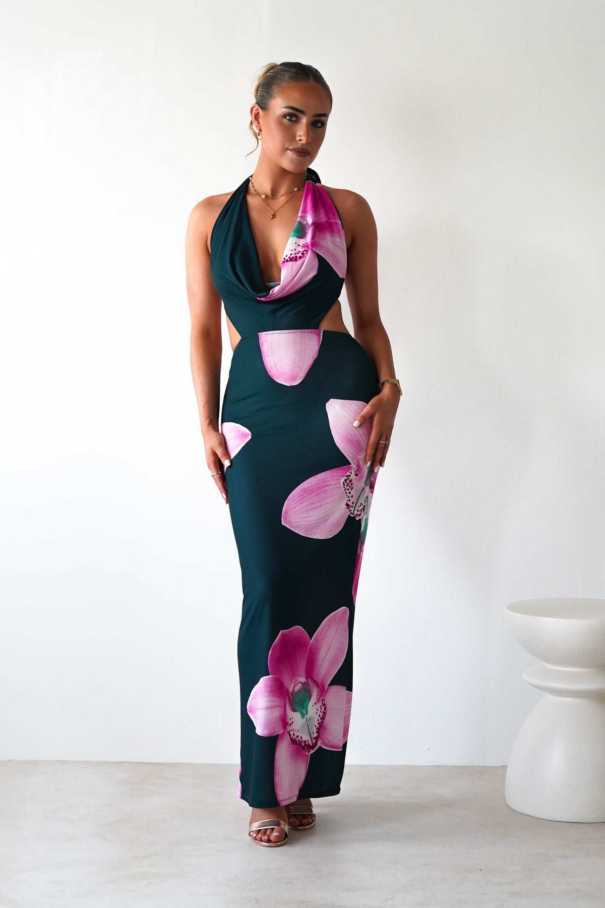 Zinnia Cut Out Bodycon Maxi | Green/Floral-Oh Hello Clothing