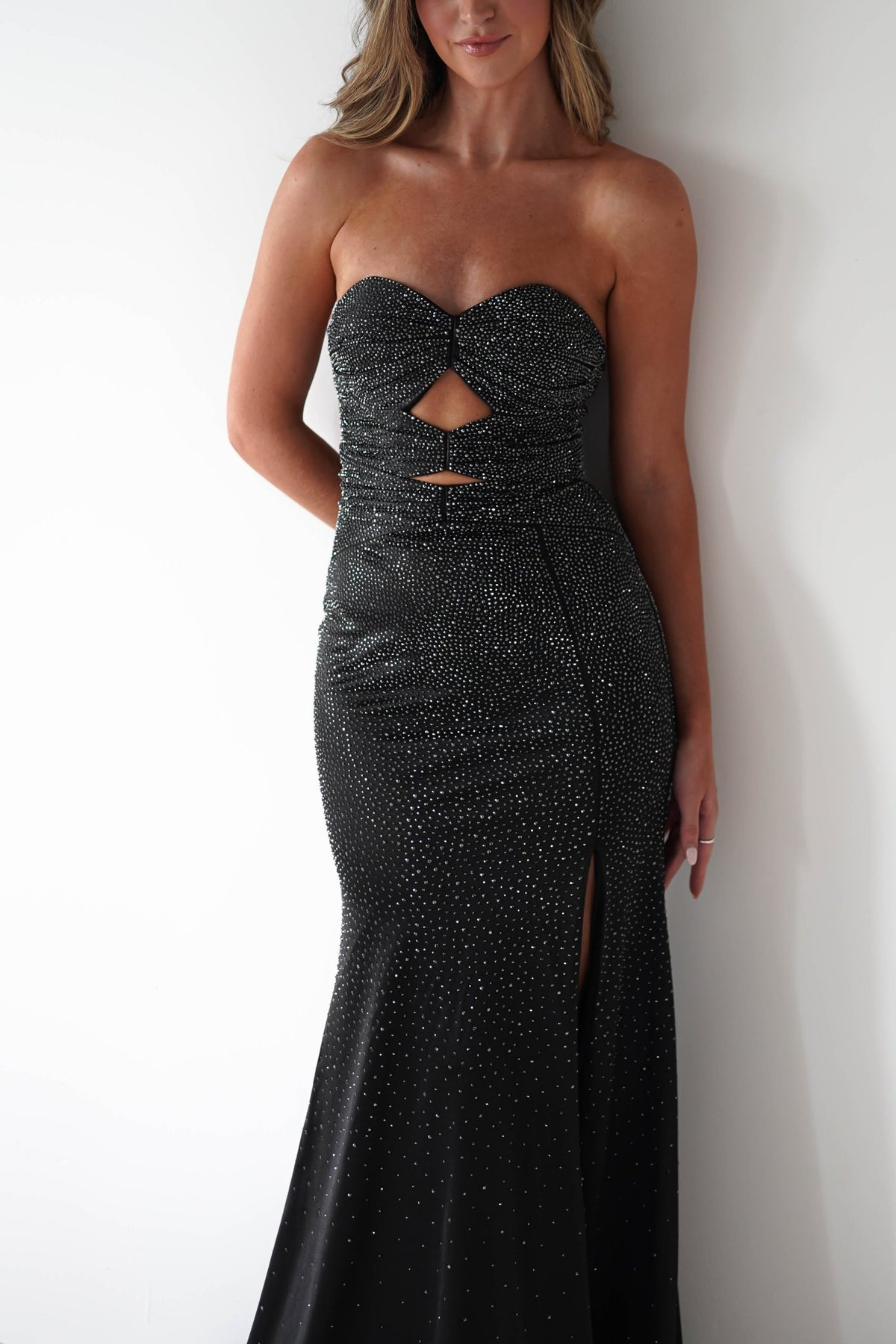 Zohra Cut Out Strapless Rhinestone Gown | Black-Oh Hello Clothing