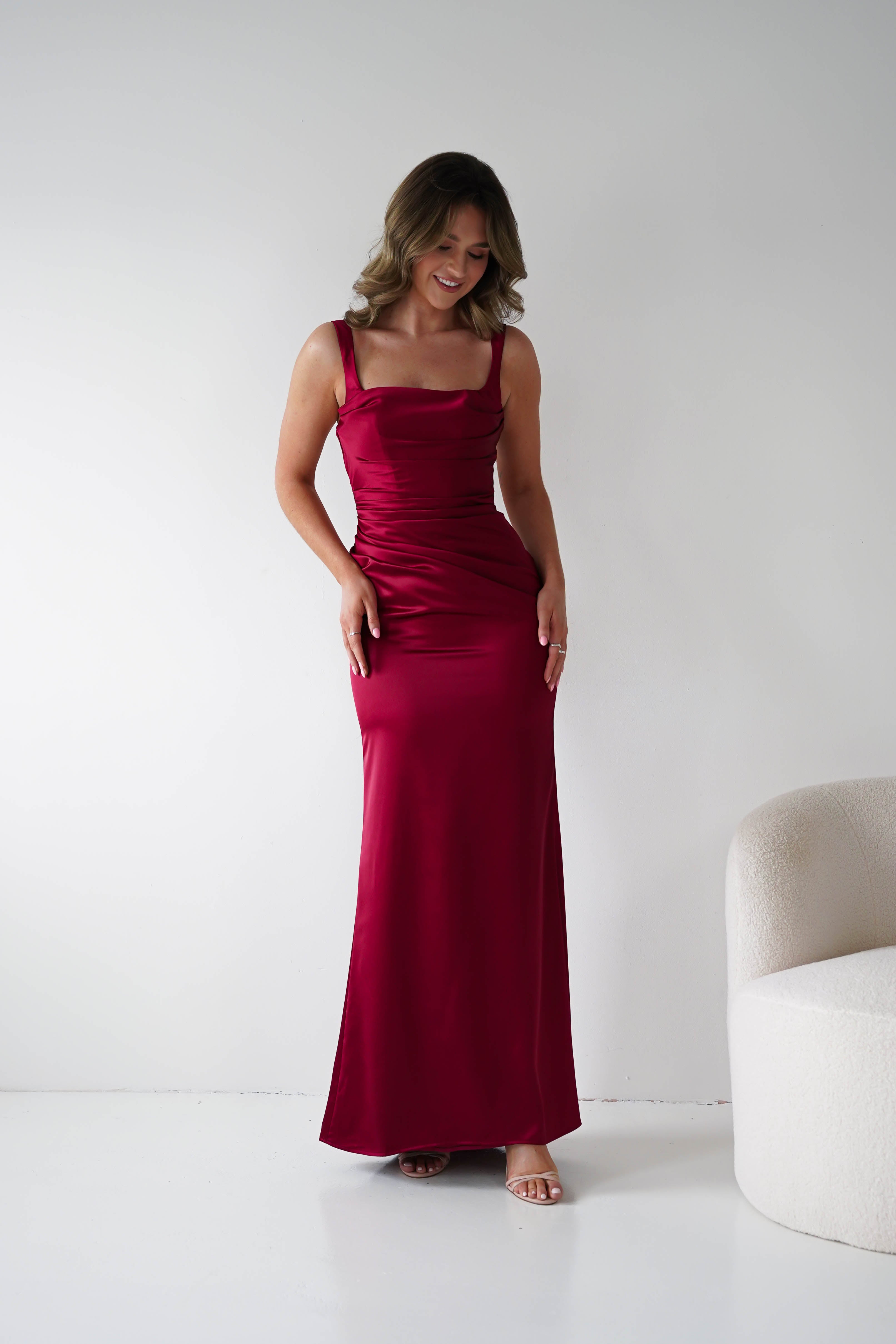 Oh Hello Clothing Women > Clothing > Dresses Addison Sqaure Neck Satin Maxi Dress | Dark Red