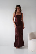 Oh Hello Clothing Women > Clothing > Dresses Addison Sqaure Neck Satin Maxi Dress | Espresso