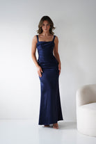 Oh Hello Clothing Women > Clothing > Dresses Addison Sqaure Neck Satin Maxi Dress | Navy
