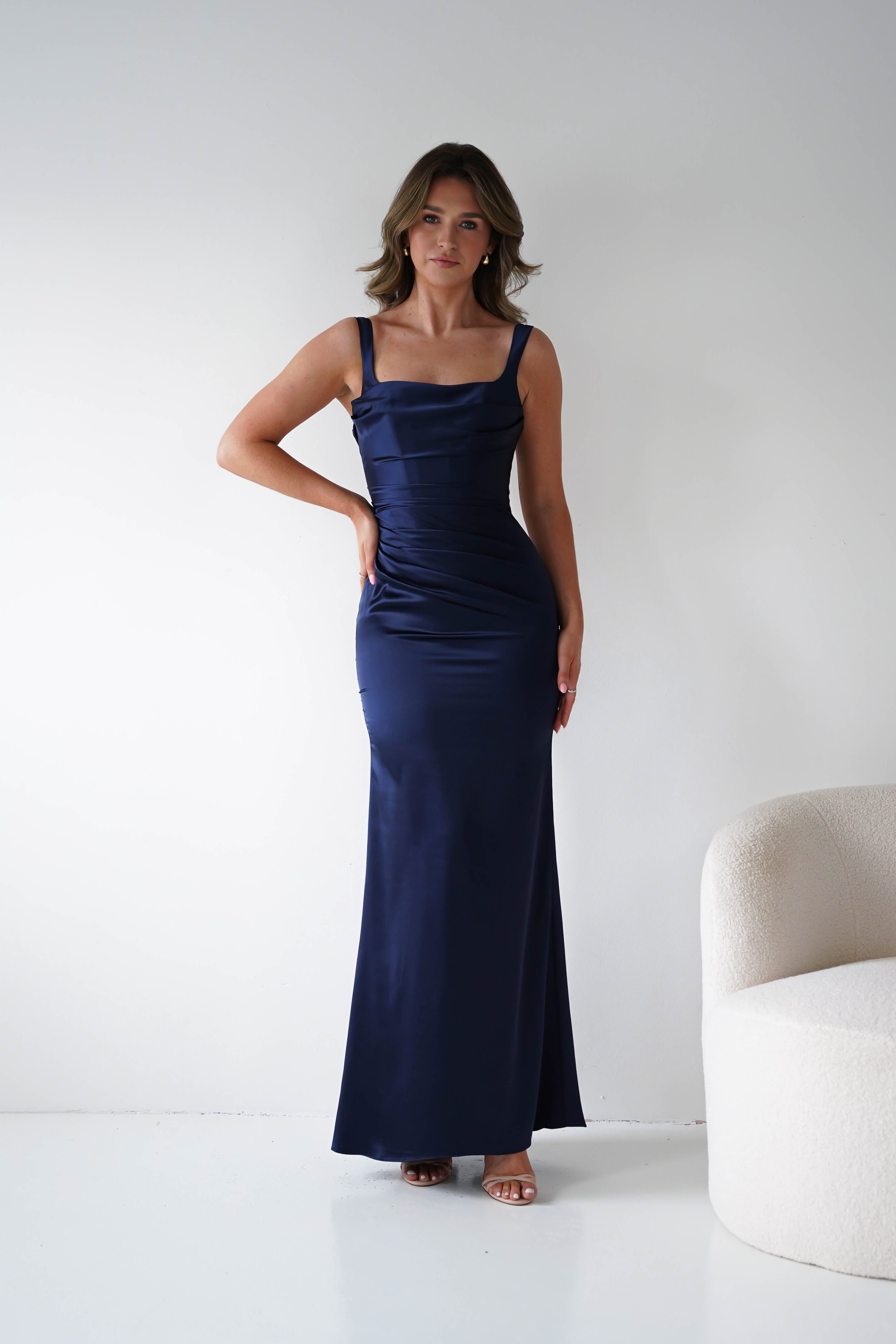 Oh Hello Clothing Women > Clothing > Dresses Addison Sqaure Neck Satin Maxi Dress | Navy