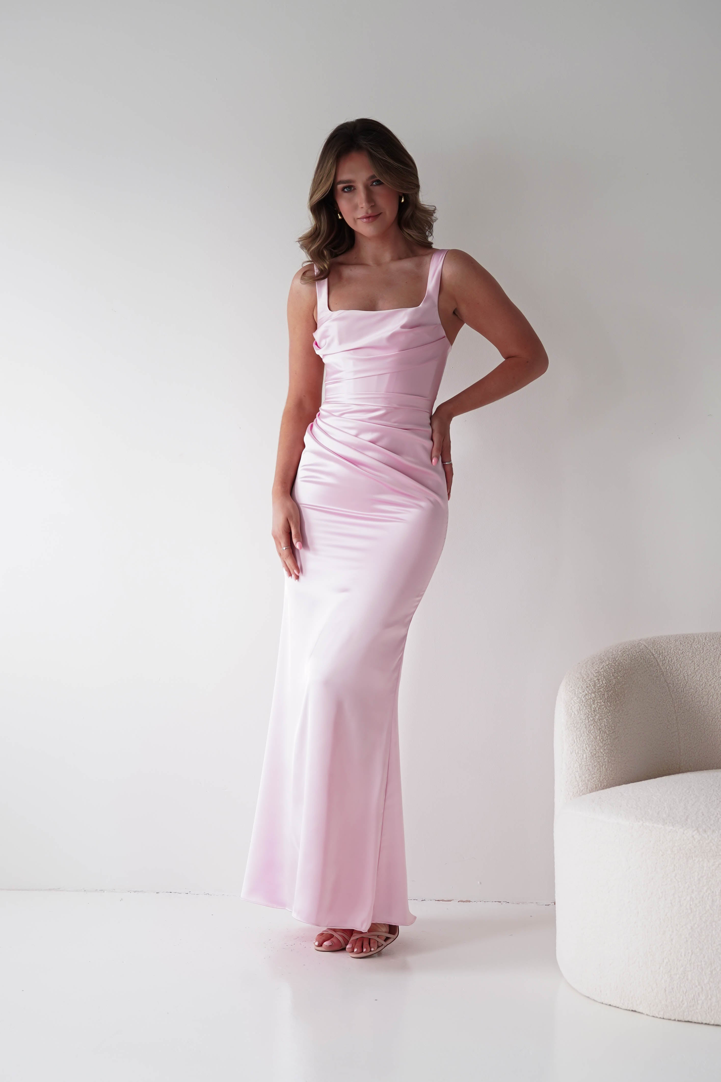 Oh Hello Clothing Dresses > Prom Dresses Addison Sqaure Neck Satin Maxi Dress | Pink