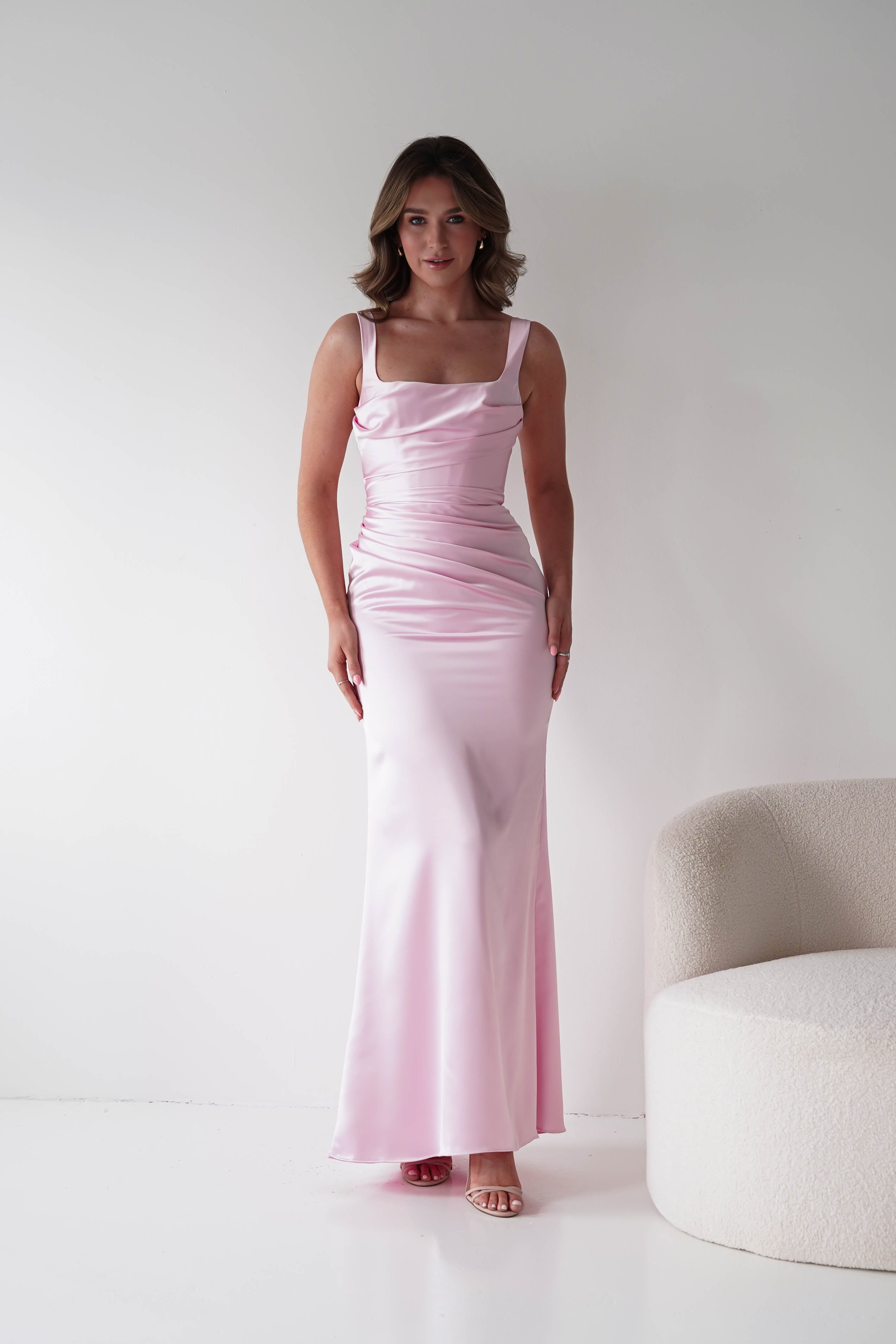 Oh Hello Clothing Dresses > Prom Dresses Addison Sqaure Neck Satin Maxi Dress | Pink