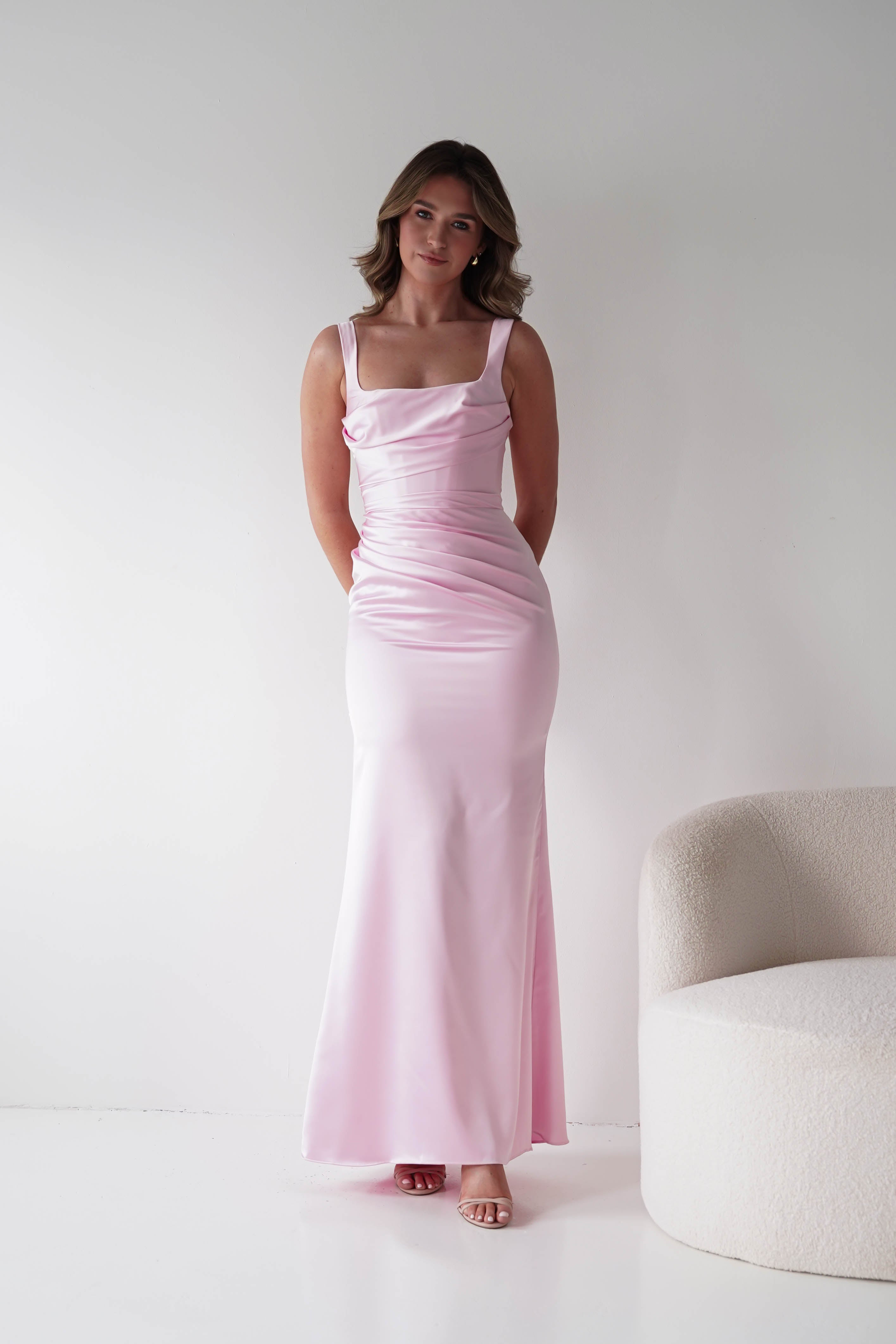Oh Hello Clothing Dresses > Prom Dresses Addison Sqaure Neck Satin Maxi Dress | Pink