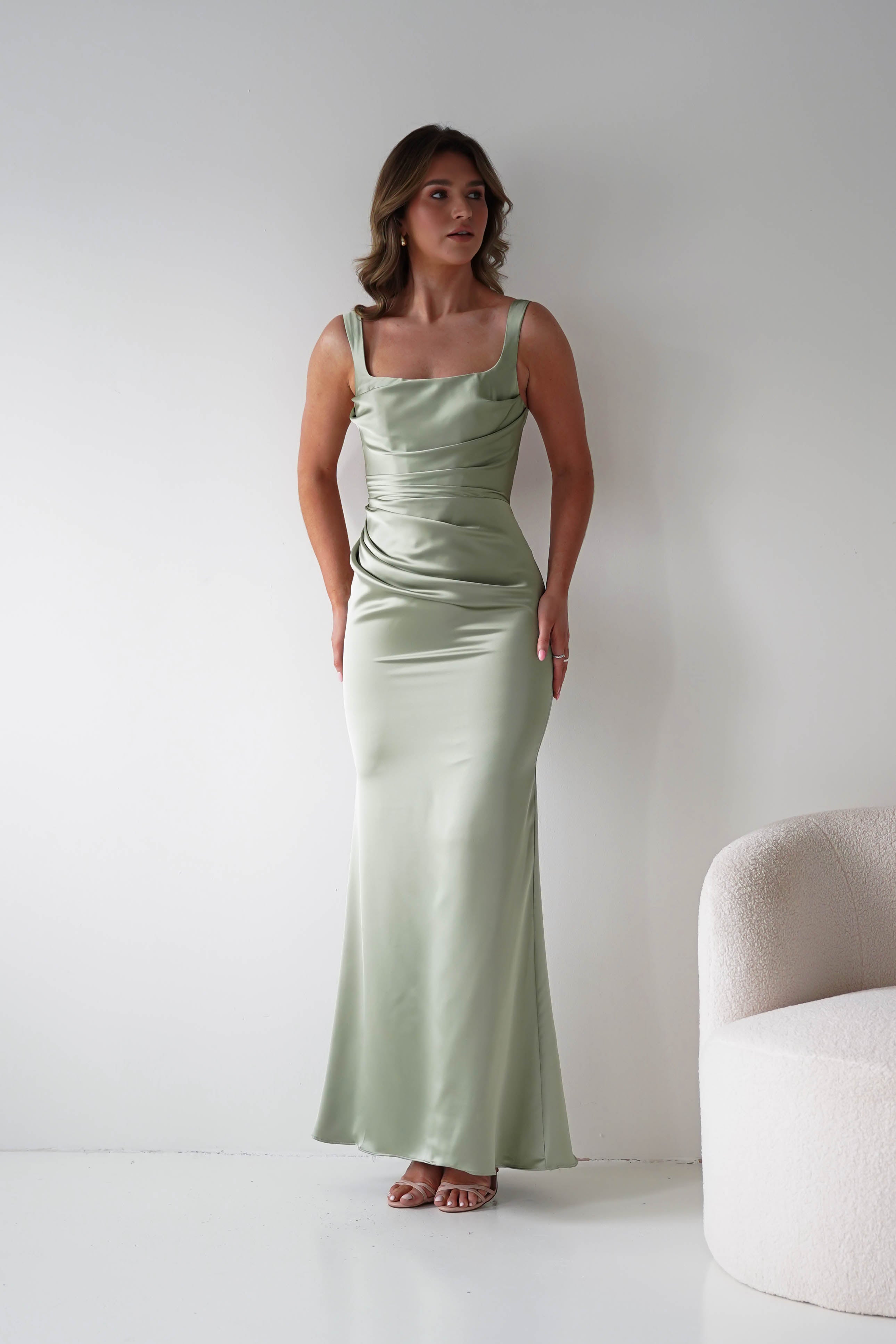 Oh Hello Clothing Women > Clothing > Dresses Addison Sqaure Neck Satin Maxi Dress | Sage