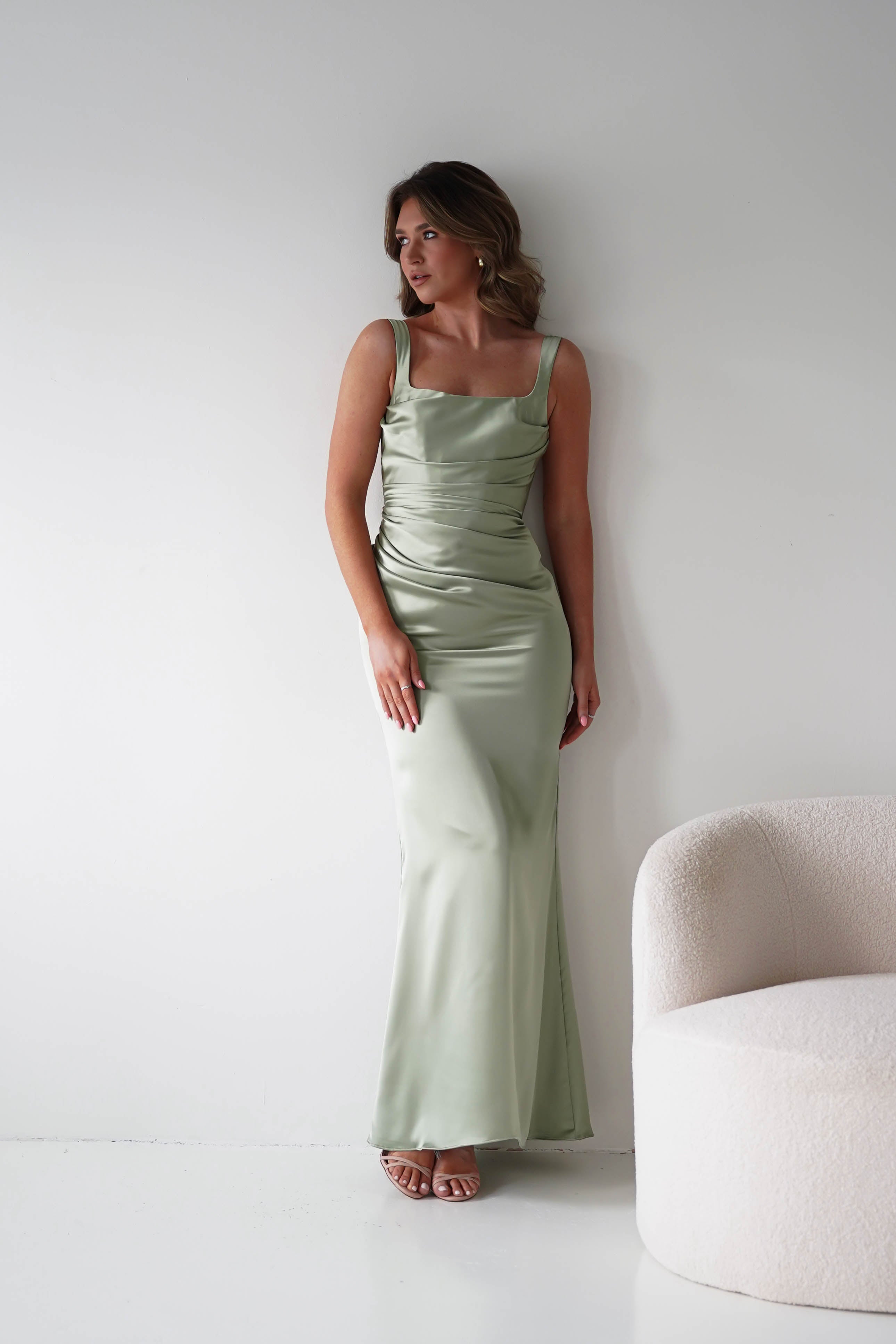 Oh Hello Clothing Women > Clothing > Dresses Addison Sqaure Neck Satin Maxi Dress | Sage