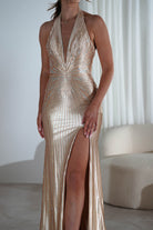 Adeline Rhinestone Halterneck Gown | Gold | Debs & Prom | Formal Gown | Oh Hello Clothing