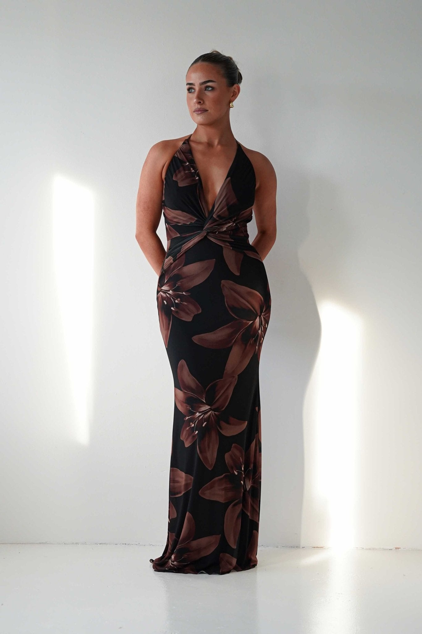 Adilah Halter Neck Floral Maxi Dress | Black/Brown | Black Tie Gala M (10) Adilah Halter Neck Floral Maxi Dress | Black/Brown | Black Tie Gala M (10)