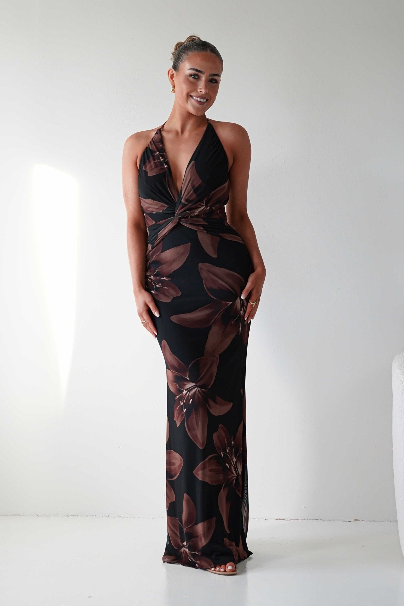 Adilah Halter Neck Floral Maxi Dress | Black/Brown