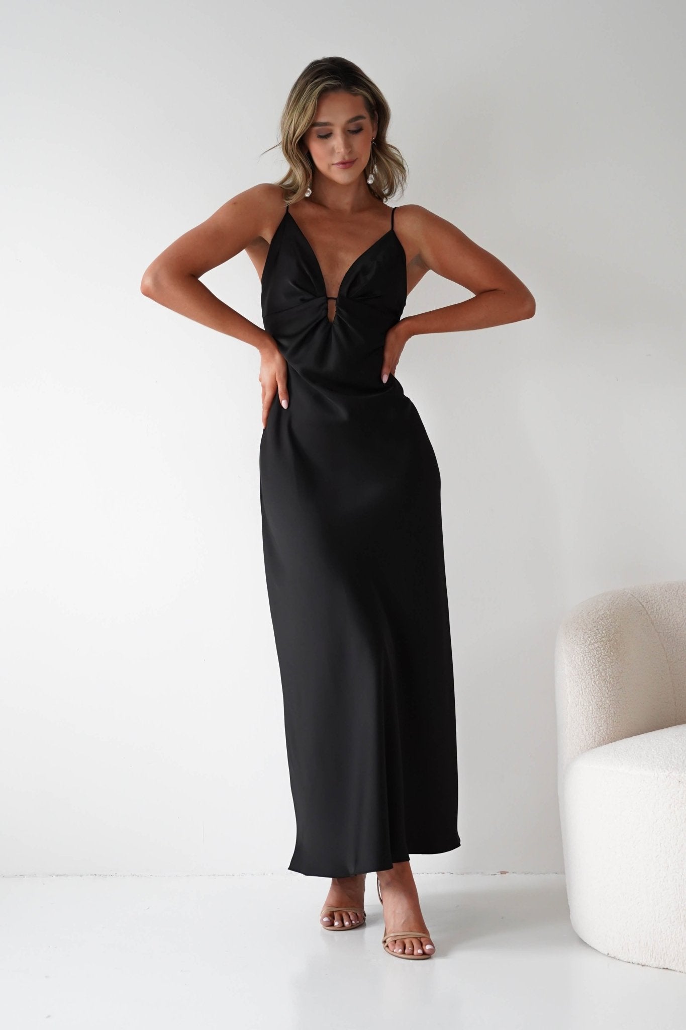 Adley Soft Satin Maxi Dress | Black | Oh Hello Clothing | XS (6)