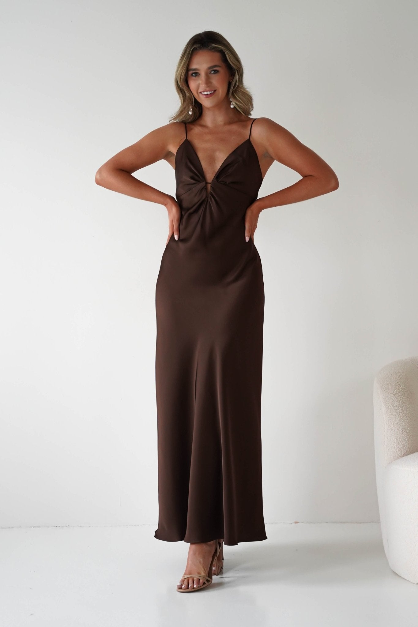 Adley Soft Satin Maxi Dress | Brown | Oh Hello Clothing | XS (6)