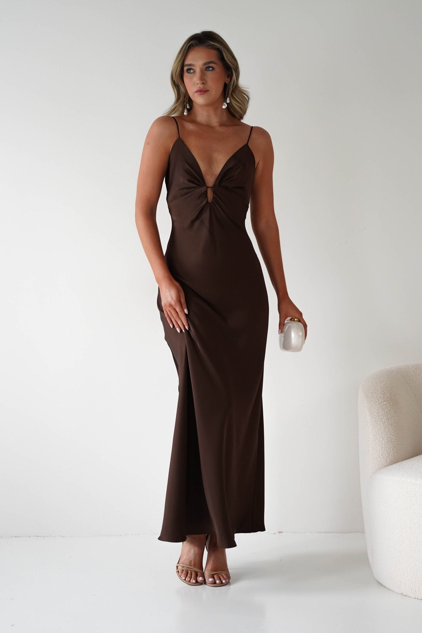 Adley Soft Satin Maxi Dress | Brown | Oh Hello Clothing | XS (6)