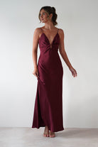 Adley Soft Satin Maxi Dress Burgundy | Wedding Guest Dress | Maxi | Satin | Oh Hello Clothing
