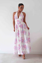 Oh Hello Clothing Women > Clothing > Dresses Alicia Broderie Floral Halterneck Midaxi Dress | White/Pink