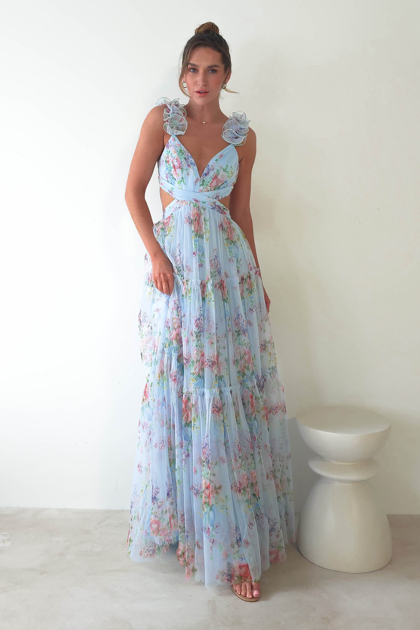 Alma Floral Print Tulle Maxi Dress | Blue