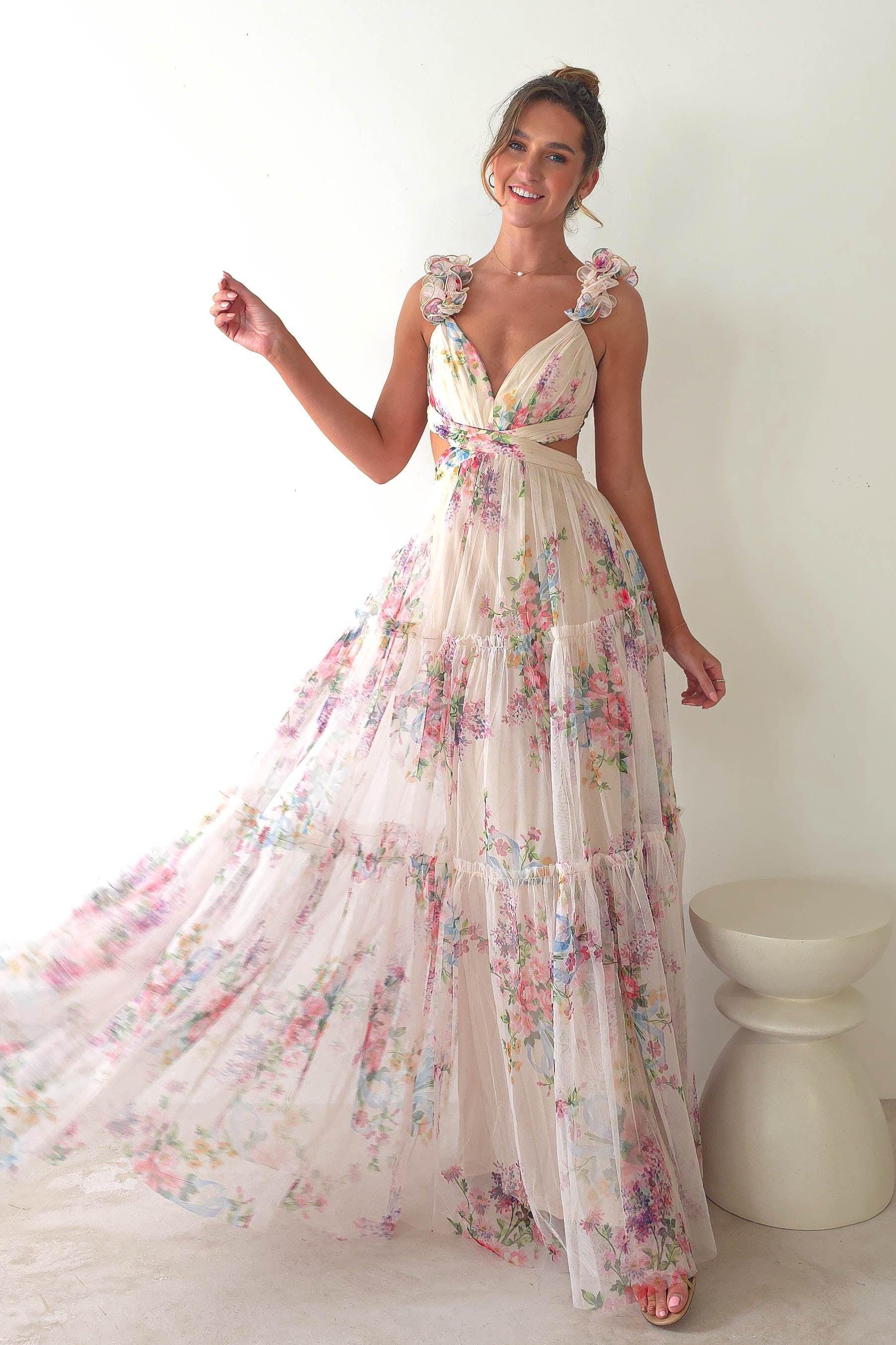 Alma Floral Print Tulle Maxi Dress | Cream