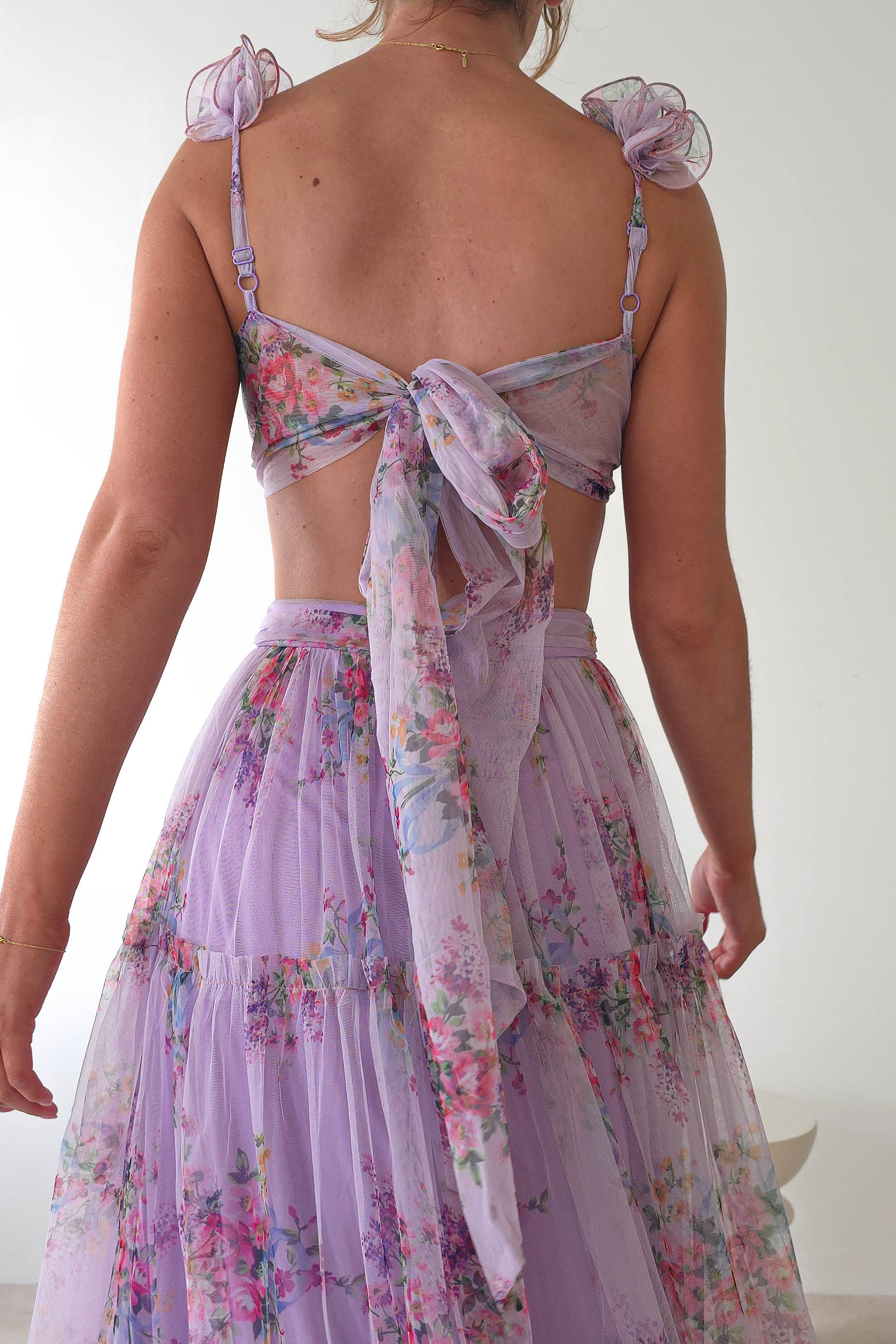 Alma Floral Print Tulle Maxi Dress | Lilac