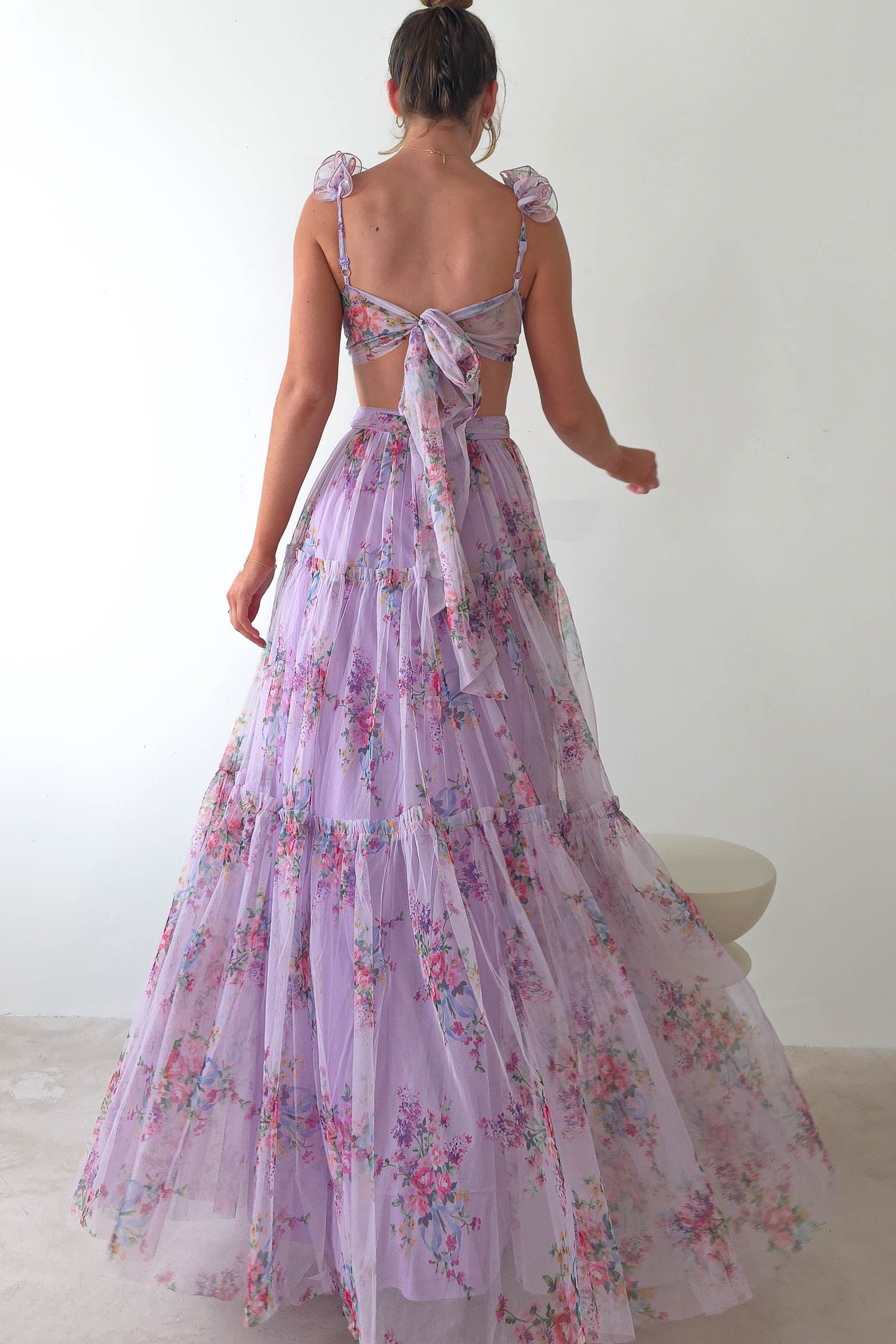 Alma Floral Print Tulle Maxi Dress | Lilac