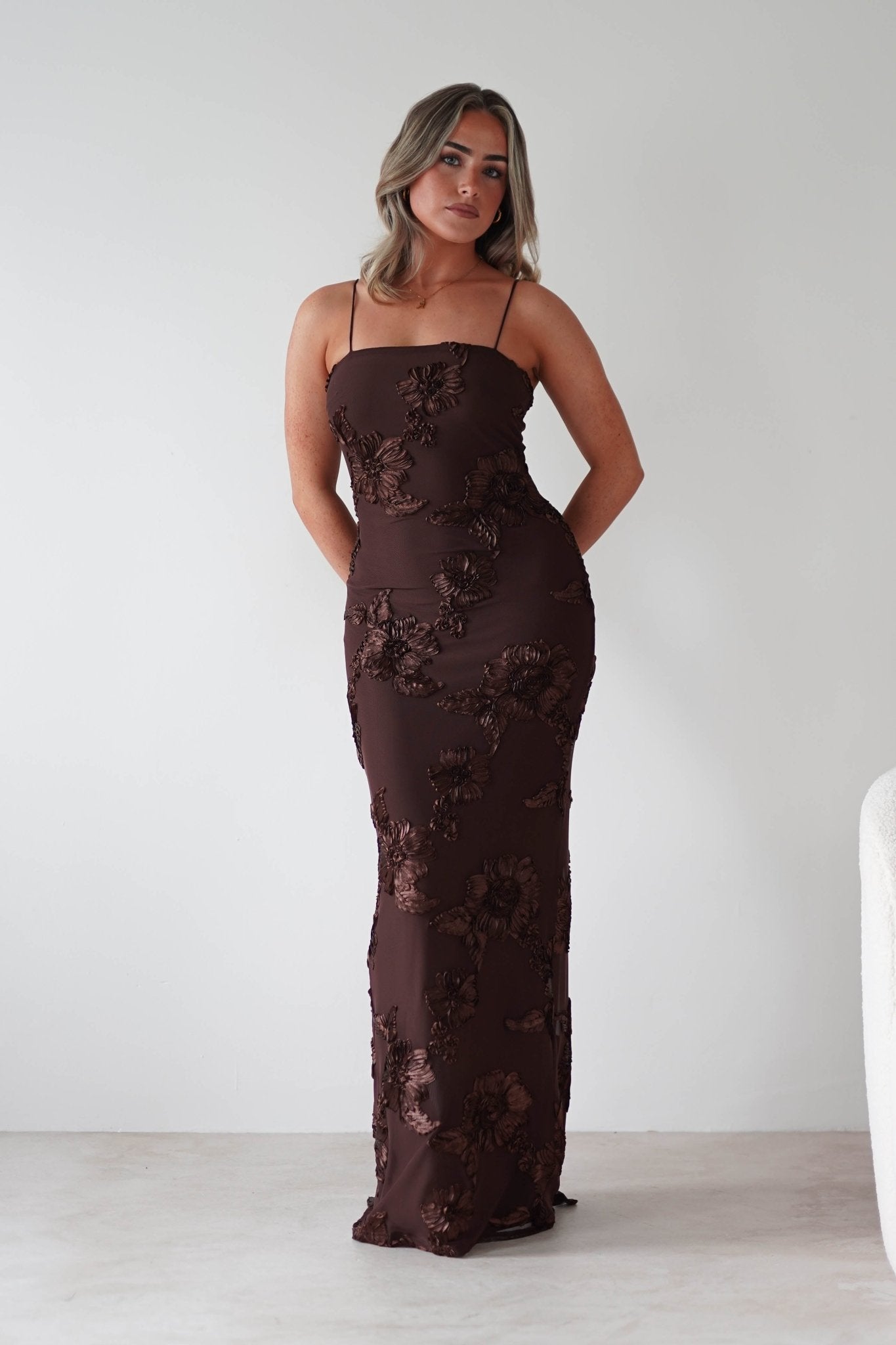 Alvana Floral Appliqué Maxi Dress | Brown | Oh Hello Clothing | XS (6)