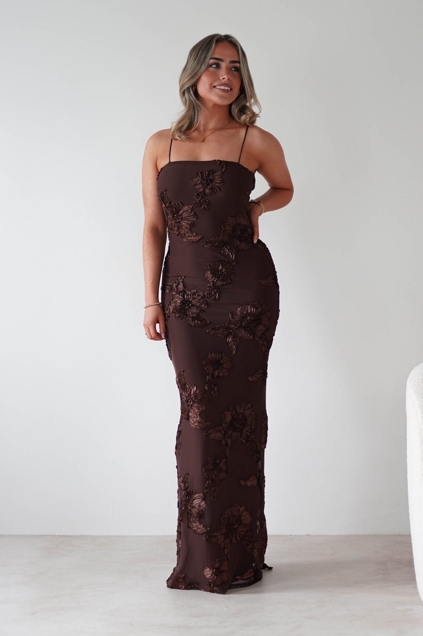 Alvana Floral Appliqué Maxi Dress | Brown | Oh Hello Clothing | XS (6)