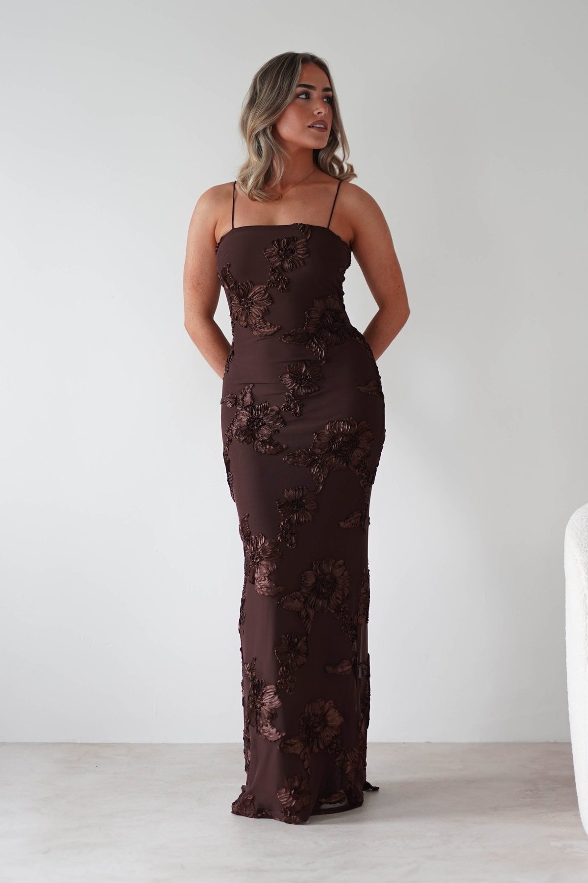 Alvana Floral Appliqué Maxi Dress Brown | Wedding Guest Dress