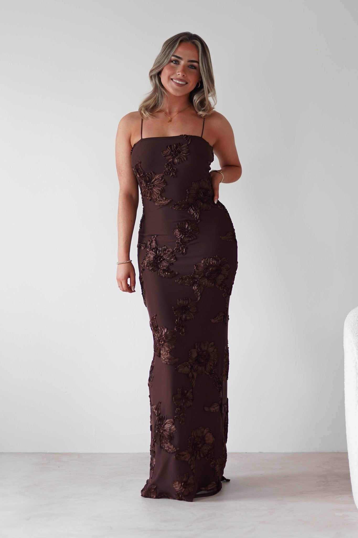 Alvana Floral Appliqué Maxi Dress Brown | Wedding Guest Dress